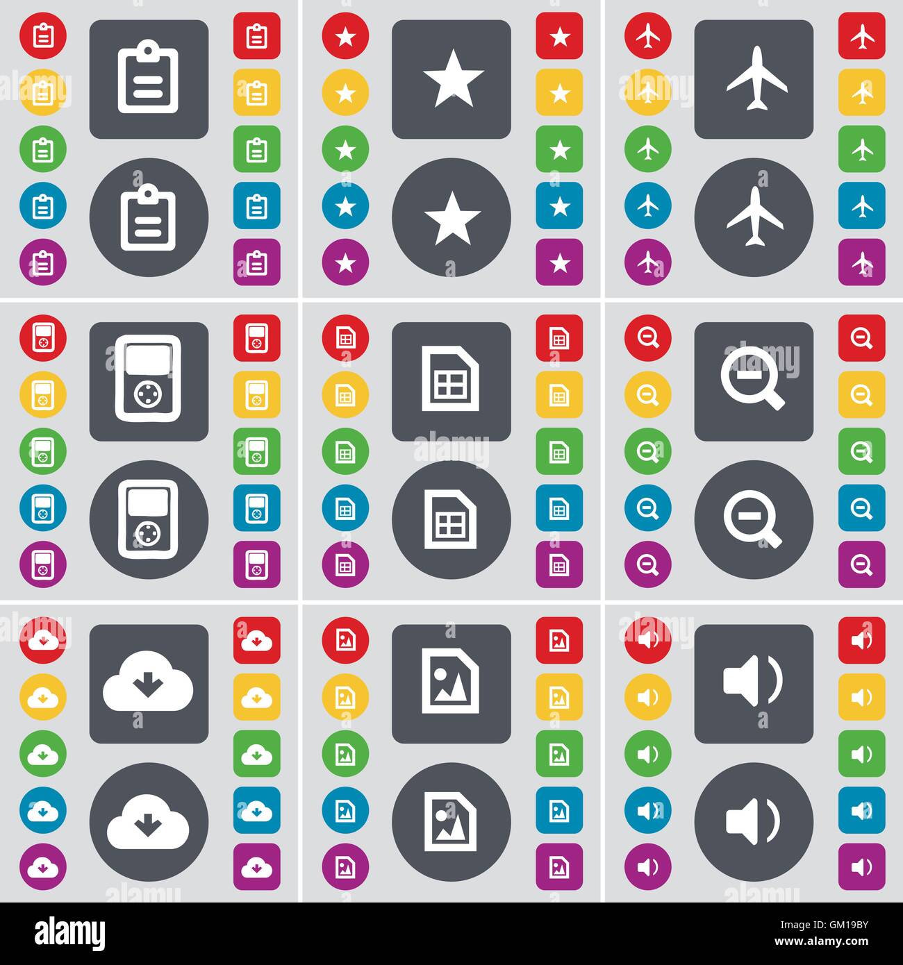 Sondaggio, Star, aereo, lettore MP3, file meno, Cloud, suono icona simbolo. Un grande insieme di Piana, pulsanti colorati per il vostro design. Illustrazione Vettoriale