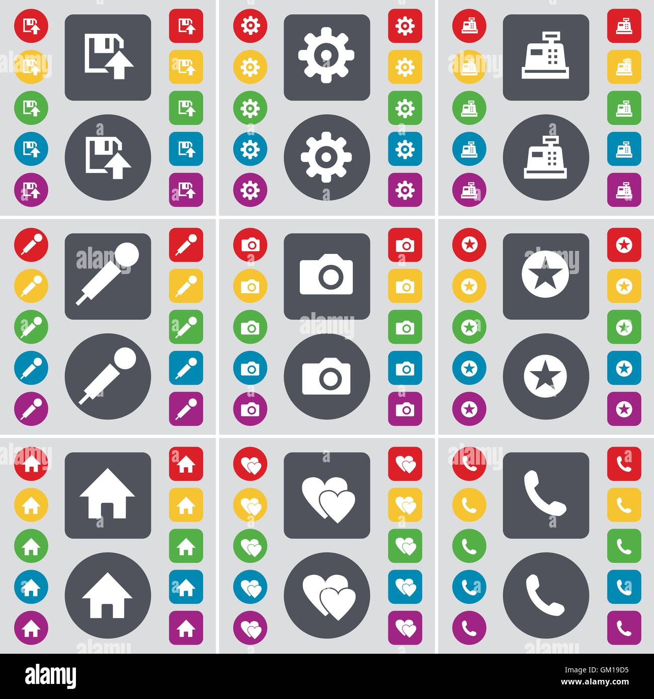 Floppy, ingranaggio, registratore di cassa, microfono, fotocamera, stella, casa, cuori, ricevitore icona simbolo. Un grande insieme di Piana, pulsanti colorati per il vostro design. Vettore Illustrazione Vettoriale