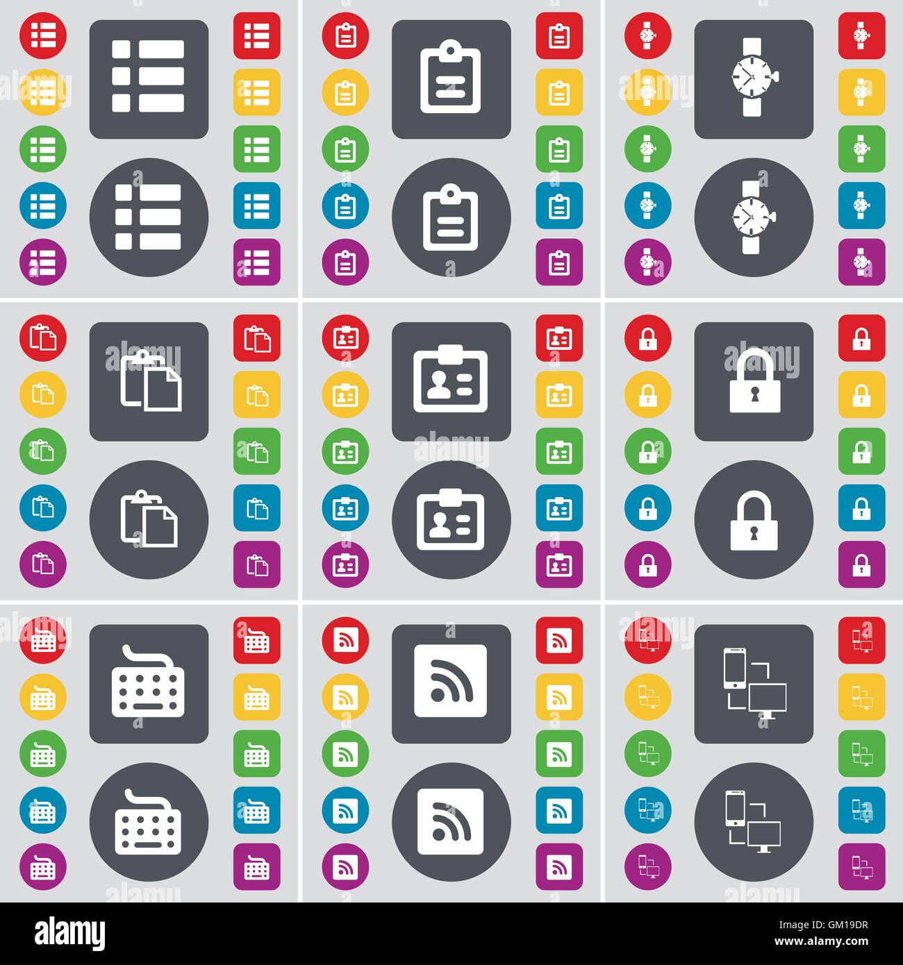 Elenco, indagine, orologio da polso, sondaggio, contattare, blocco tastiera, RSS, Collegamento icona simbolo. Un grande insieme di Piana, pulsanti colorati per il vostro design. Vettore Illustrazione Vettoriale