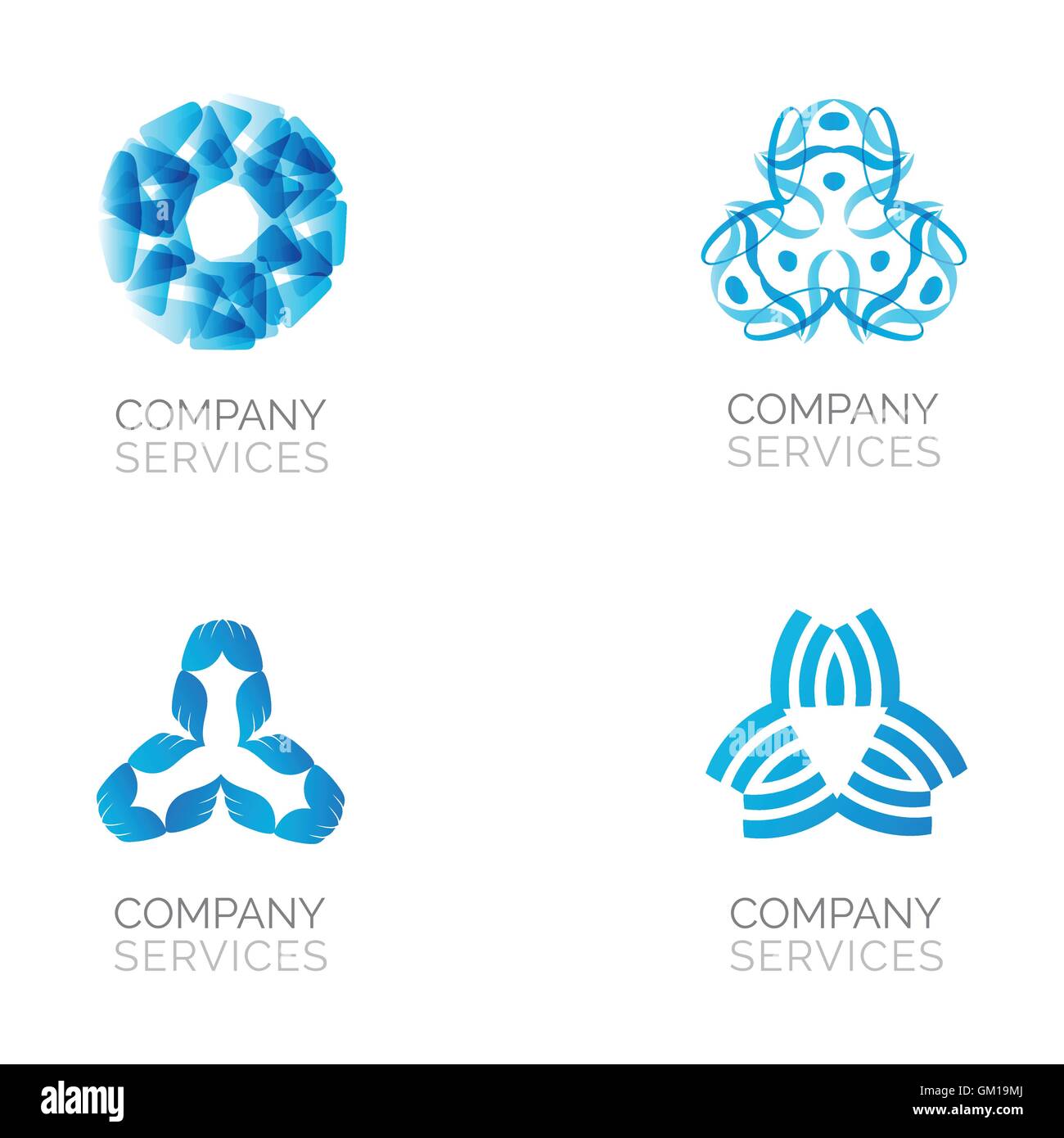 Set di quattro abstract logo blu. Loghi vettoriali con spirale, rombo, attraversato ed elementi del cerchio. Illustrazione Vettoriale