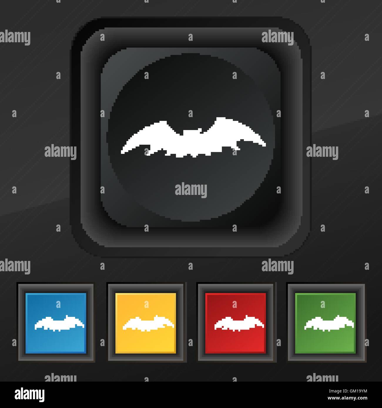 Bat icona simbolo. Set di cinque colorate, eleganti pulsanti sulla texture nera per il vostro design. Vettore Illustrazione Vettoriale