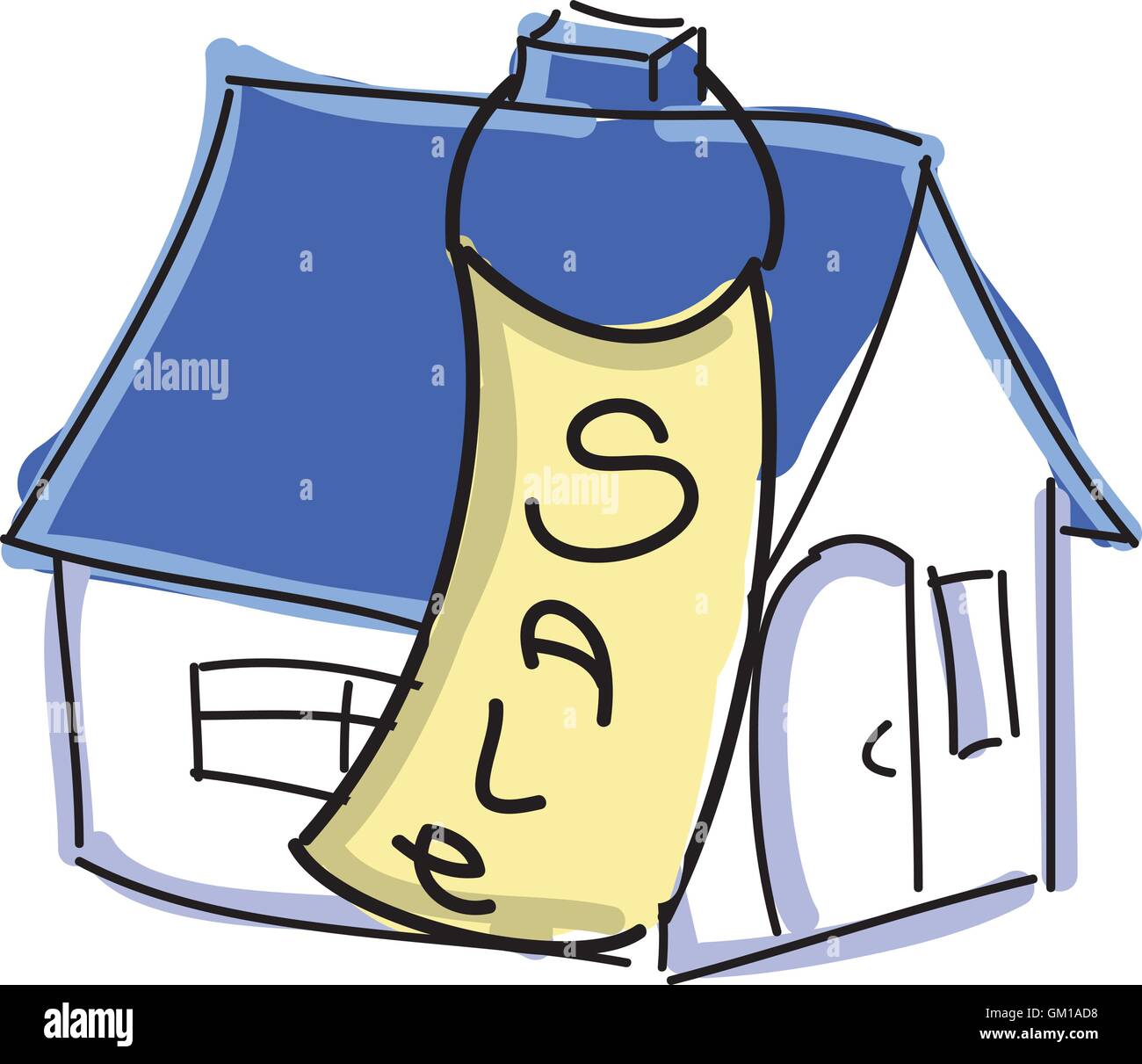 Disegnato casa colorata con tetto blu per la vendita Illustrazione Vettoriale