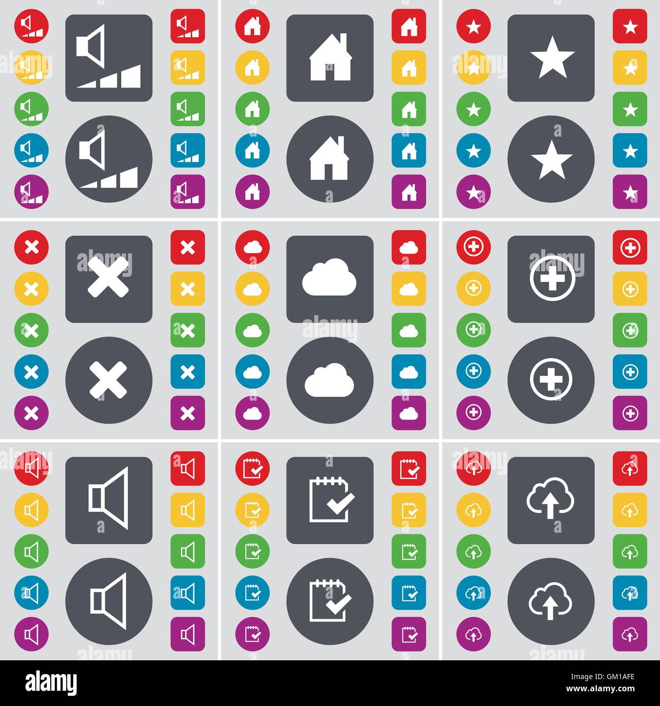 Volume, House, stella, Stop, Cloud, Plus, suono, indagine icona simbolo. Un grande insieme di Piana, pulsanti colorati per il vostro design. Vettore Illustrazione Vettoriale