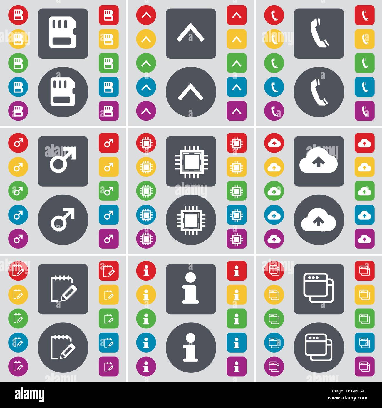 Scheda SIM, Freccia su, ricevitore, simbolo di Marte, processore, Cloud, Notebook, Informazioni, finestra icona simbolo. Un grande insieme di Piana, col Illustrazione Vettoriale