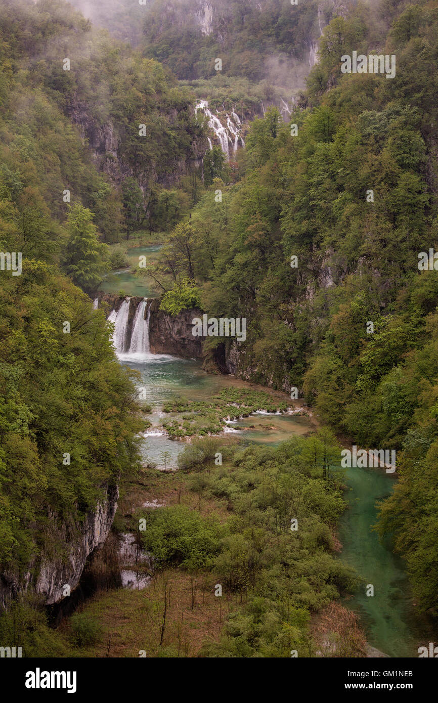 Vista aerea sul parco nazionale di Plitvice cascate Foto Stock