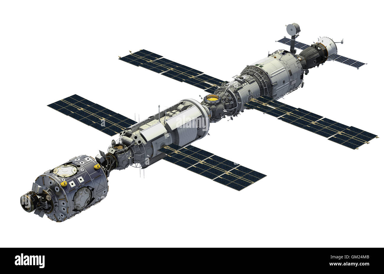 Stazione spaziale internazionale su sfondo bianco. 3D'illustrazione. Foto Stock