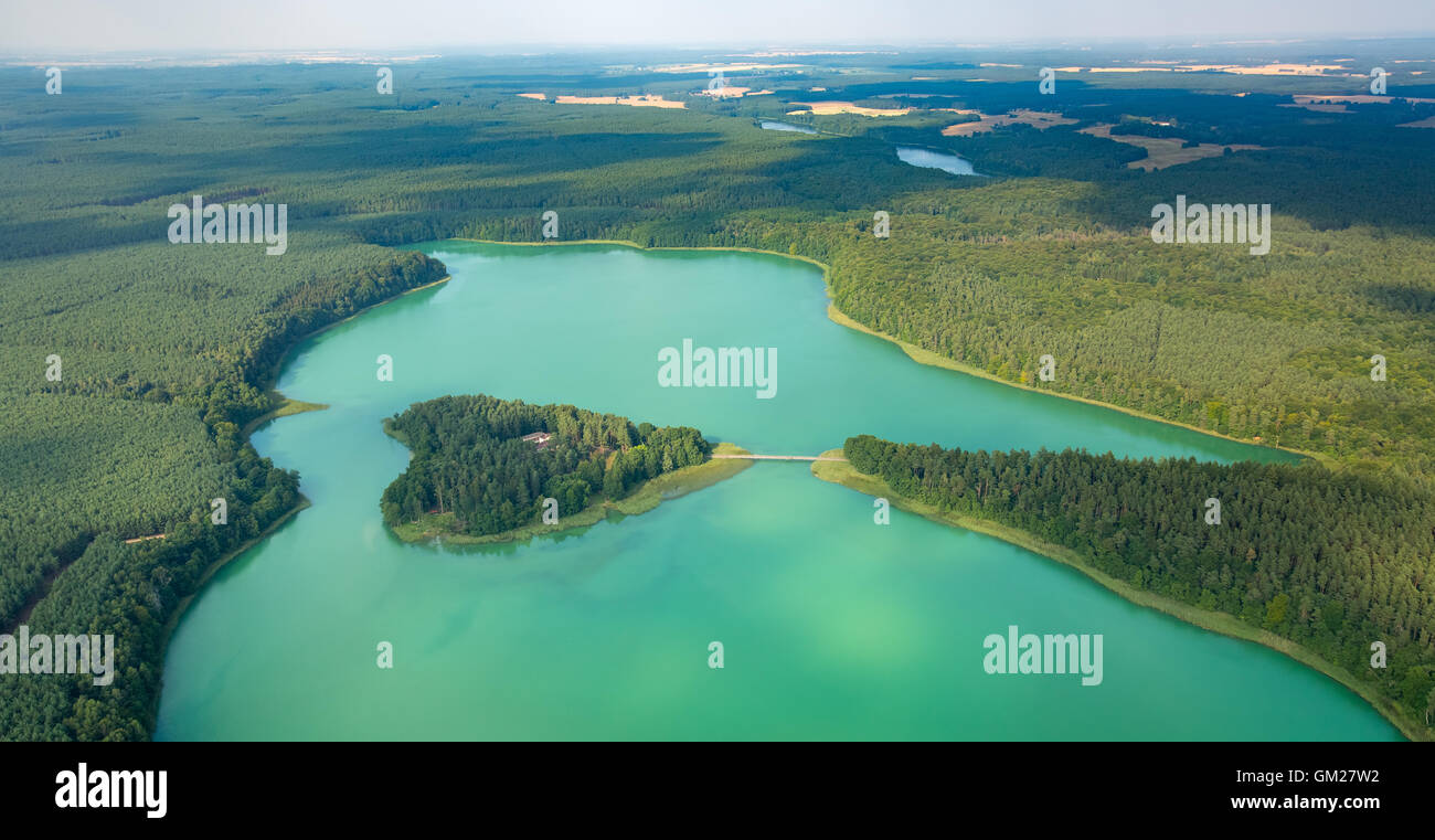 Vista aerea, Brückentinsee Island Hotel Brückentinsee, verde acqua, isola, foresta, luce posteriore, hotel su un'isola, Neustrelitz, Foto Stock