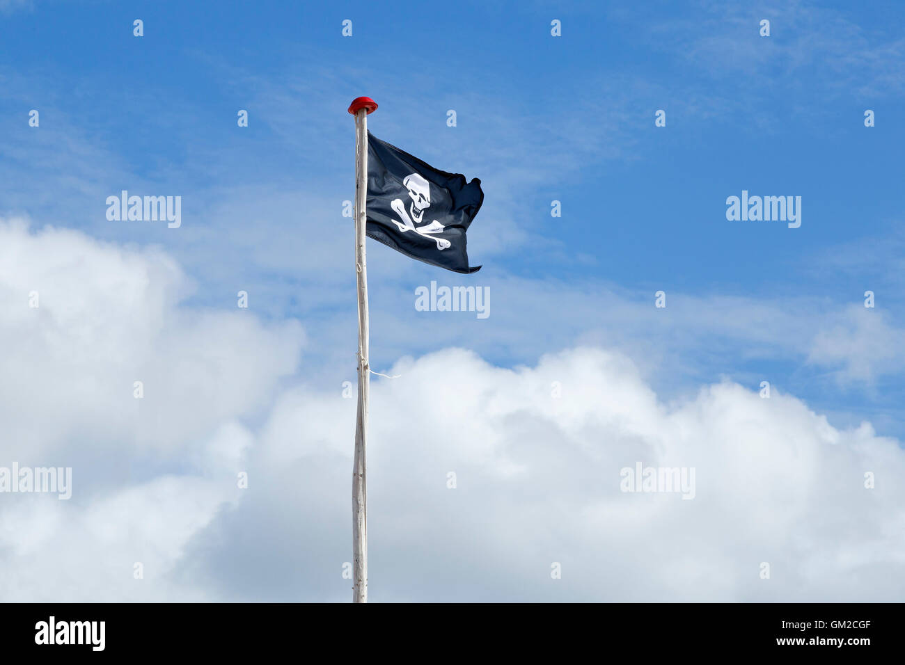 Pirati" Bandiera, Kniepsand beach, Amrum Island, Nord Friesland, Schleswig-Holstein, Germania Foto Stock