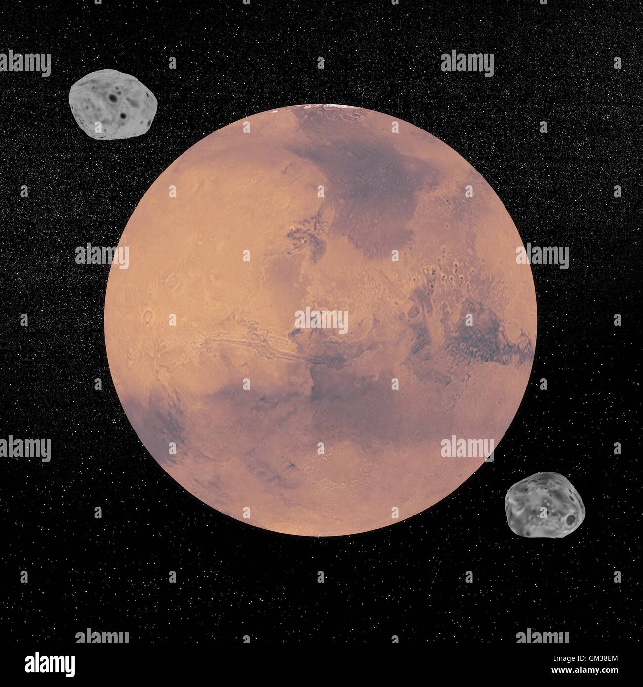 Il pianeta Marte e Deimos e Phobos satelliti - 3D render Foto Stock