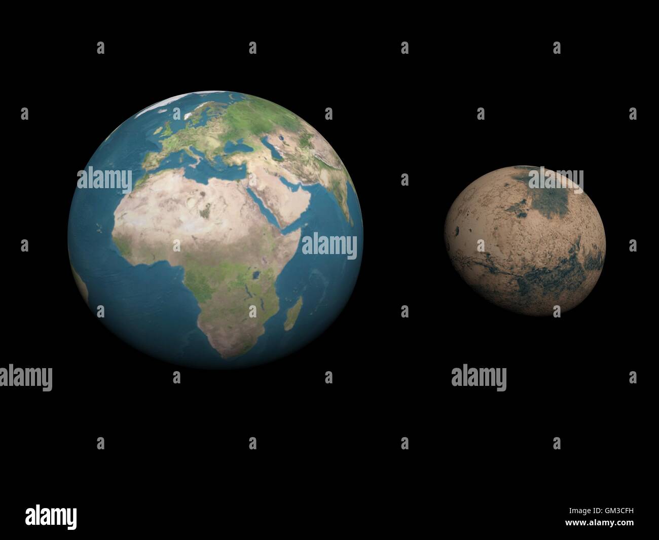 Terra e Marte pianeti confronto dimensioni - 3D render Foto stock - Alamy