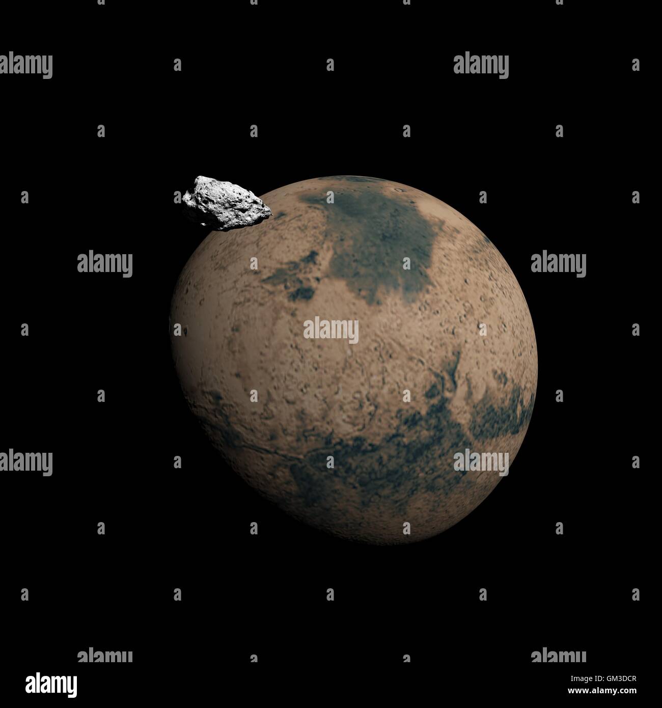 Il pianeta Marte e Deimos satellite - 3D render Foto Stock