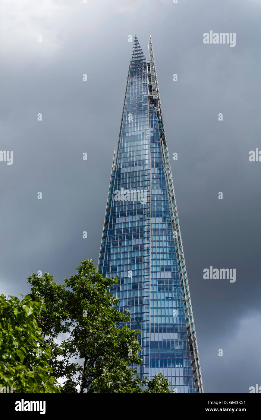 Vetro di Shard edificio più alto in Europa con verdi alberi in primo piano e la pianura sky isolato in background Foto Stock Vetro di Shard edificio più alto in Europa con verdi alberi in primo piano e la pianura sky isolato in background Foto Stock