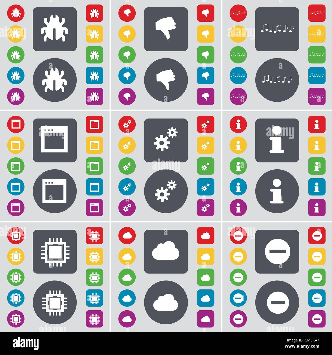 Bug, antipatia, nota, finestra, ingranaggio, informazioni, processore, Cloud icona Meno simbolo. Un grande insieme di Piana, pulsanti colorati per il vostro design. Vettore Illustrazione Vettoriale