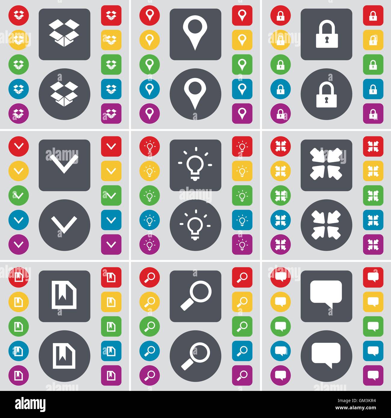 Dropbox, Checkpoint, bloccare, Freccia giù, lampadina, distribuzione di schermo, File, lente di ingrandimento, bolla chat icona simbolo. Un grande se Illustrazione Vettoriale