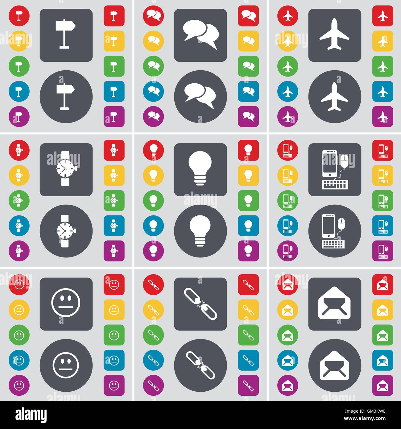 Segno posto, Chat, aereo, orologio da polso, lampadina, Smartphone, sorriso, Link, Messaggio icona simbolo. Un grande insieme di Piana, pulsanti colorati per il vostro design. Vettore Illustrazione Vettoriale