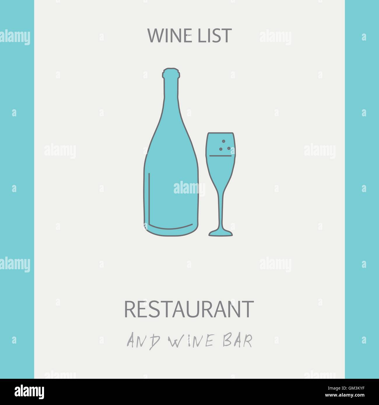 Lista dei vini di design della scheda. Linea sottile illustrazione della bottiglia di champagne e vetro Illustrazione Vettoriale