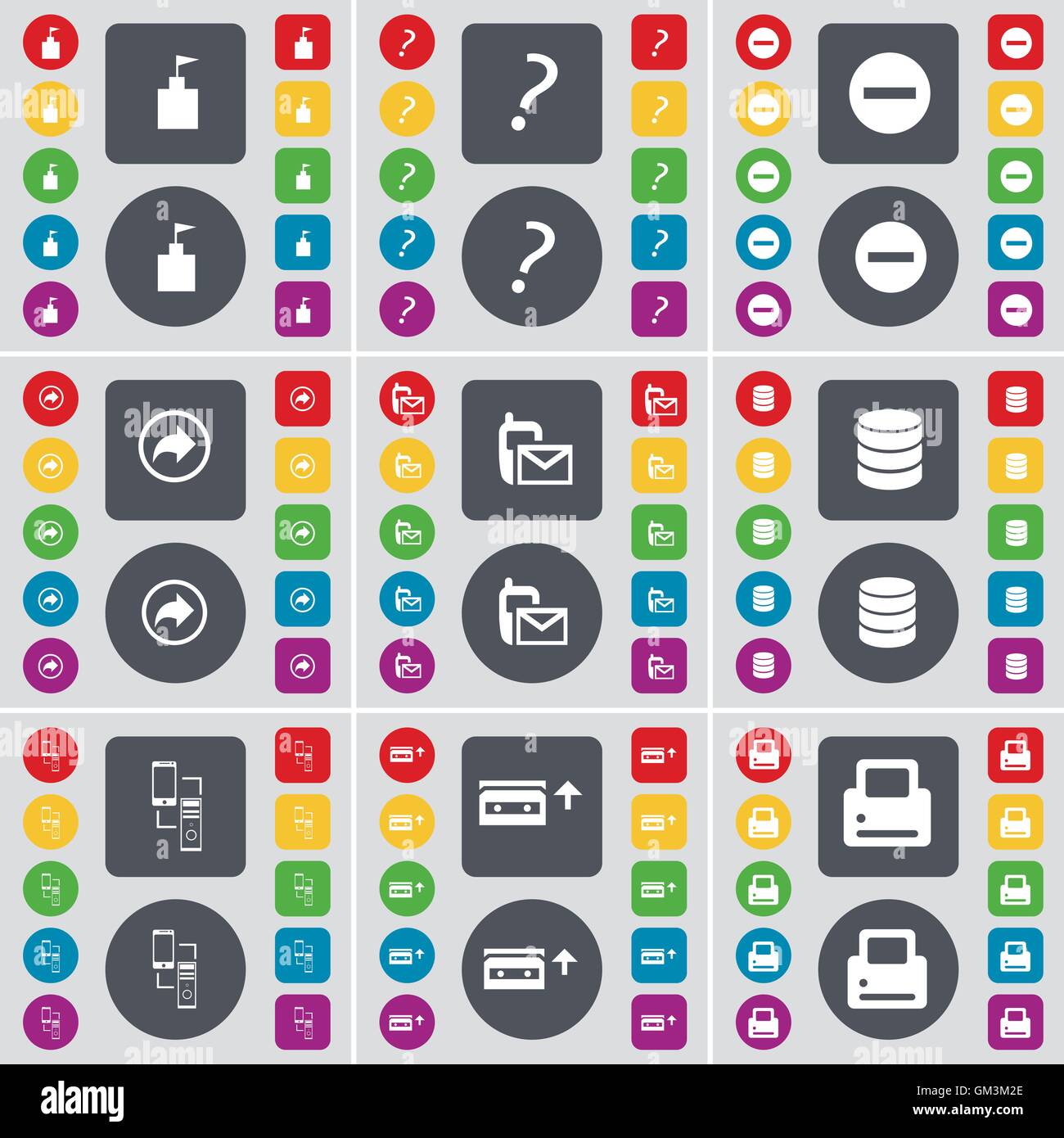 Torre di bandiera, punto interrogativo, meno, Retro, SMS, Database, collegamento, cassetta, icona stampante simbolo. Un grande insieme di Piana, colorata b Illustrazione Vettoriale