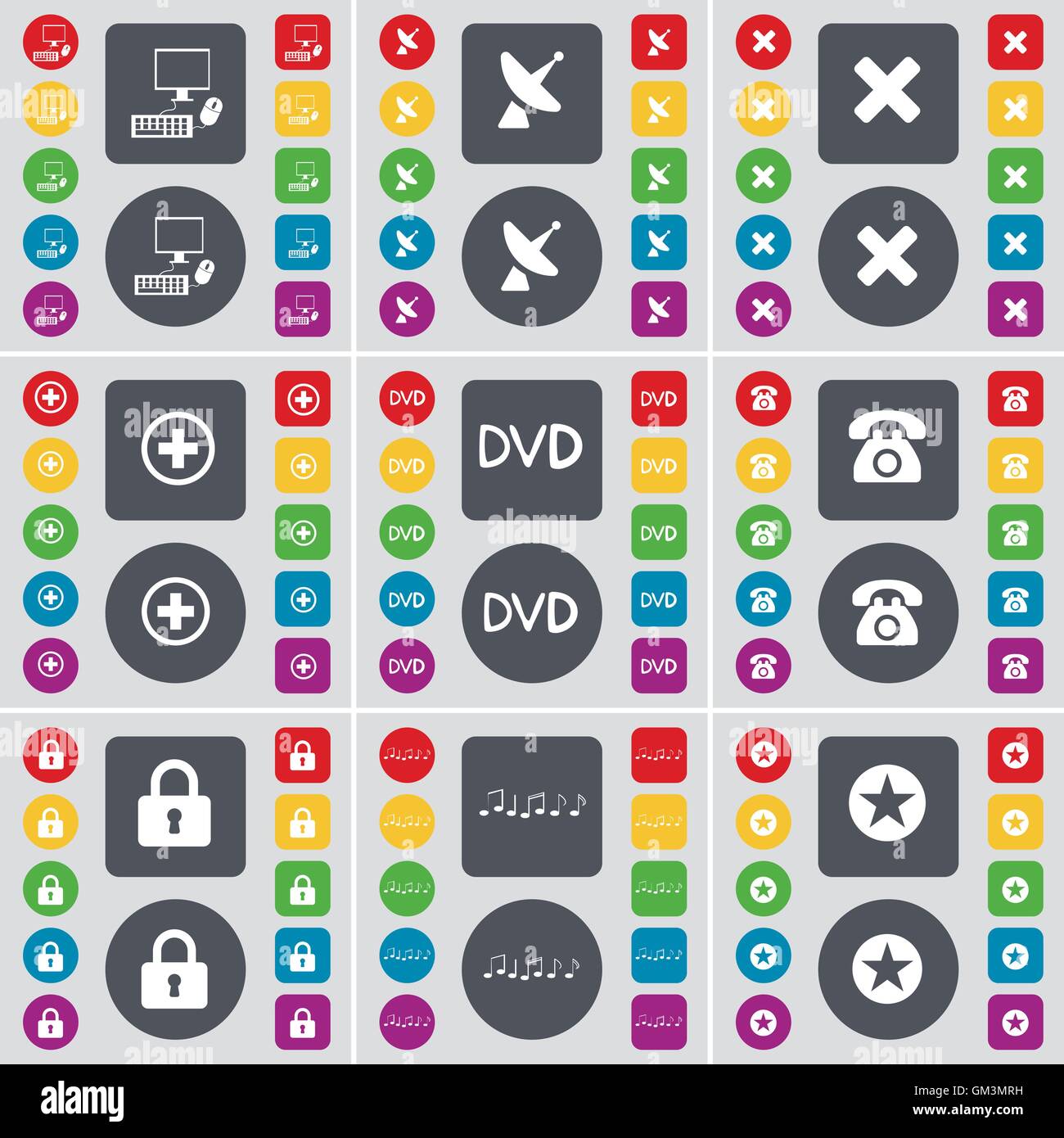 PC, antenna parabolica, Stop, Plus, DVD, telefono retrò, bloccare, nota icona a forma di stella simbolo. Un grande insieme di Piana, pulsanti colorati per il vostro design. Vettore Illustrazione Vettoriale