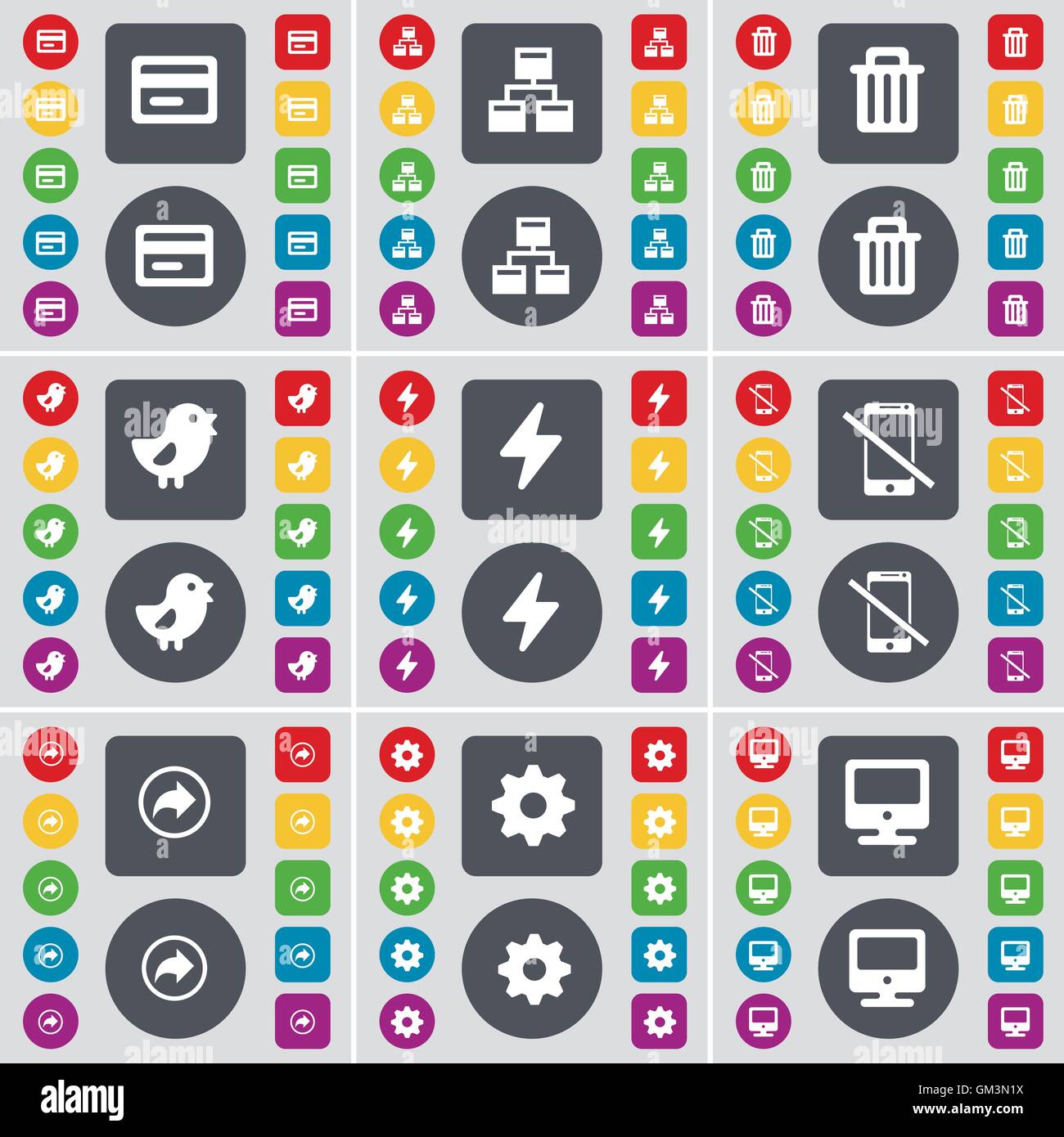 Carta di credito, rete, Cestino, Bird, Flash, Smartphone, retro marcia, icona di Monitor simbolo. Un grande insieme di Piana, pulsanti colorati Illustrazione Vettoriale