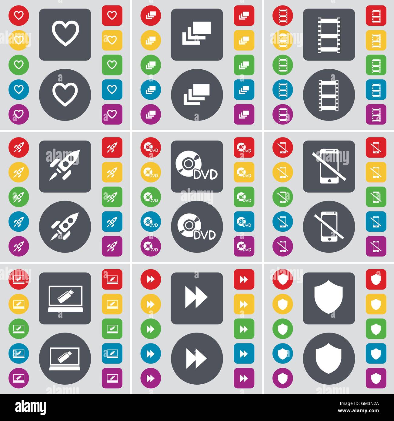 Cuore, Galleria, pellicole negative, rucola, DVD, smartphone, laptop, Rewind, Badge icona simbolo. Un grande insieme di Piana, pulsanti colorati per il vostro design. Vettore Illustrazione Vettoriale