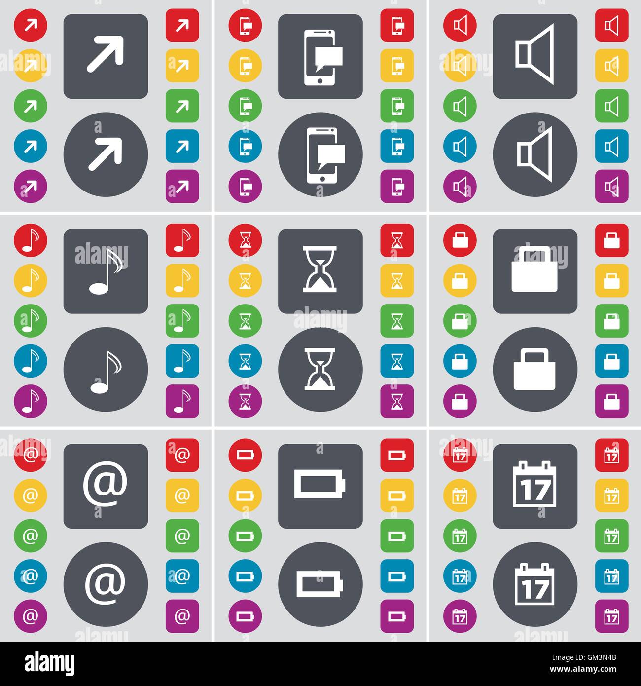 Schermo intero, SMS, suono, nota, clessidra, bloccare, Mail, Batteria, Calendario icona simbolo. Un grande insieme di Piana, pulsanti colorati per yo Illustrazione Vettoriale