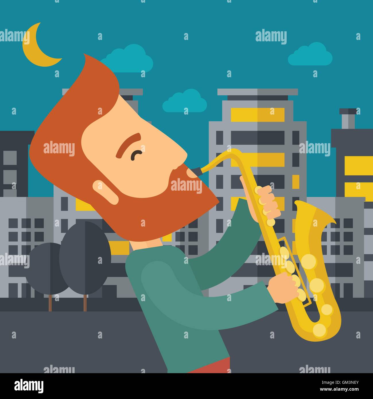 Il sassofonista suonare per le strade di notte Illustrazione Vettoriale