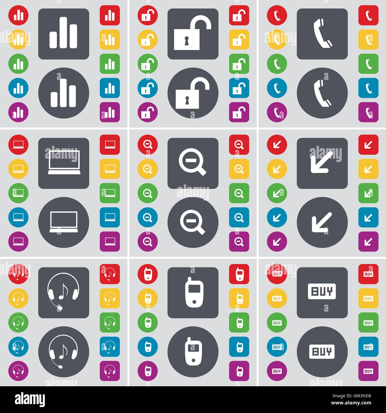 Schema elettrico, bloccare, Ricevitore portatile, meno, distribuzione di schermo, cuffie, telefono cellulare, acquistare icona simbolo. Un grande insieme di Piana, colore Illustrazione Vettoriale