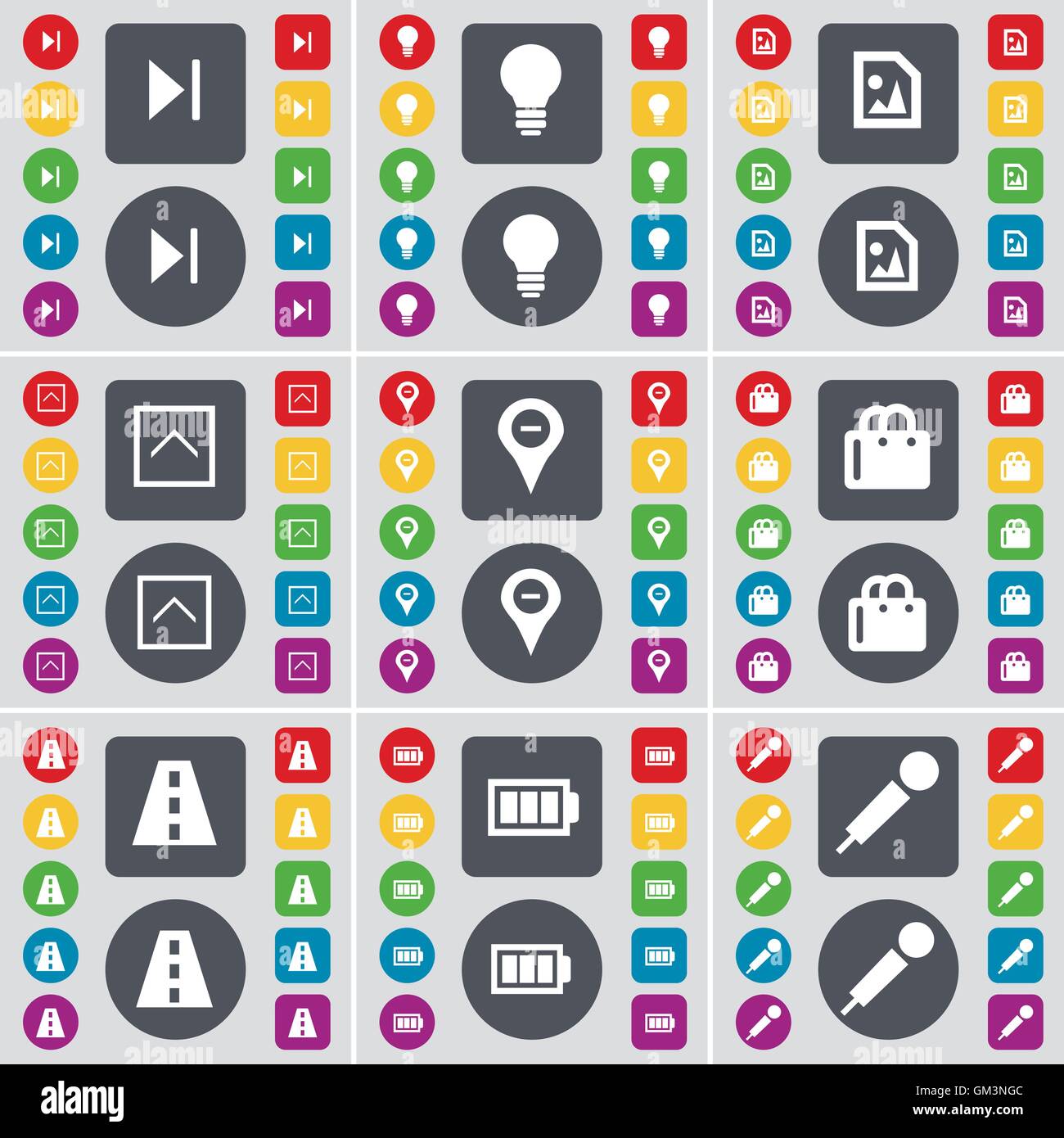 Media saltare, lampadina, file multimediali, Freccia su, Checkpoint, Shopping bag, strada, batteria, icona del microfono simbolo. Un grande insieme di fl Illustrazione Vettoriale