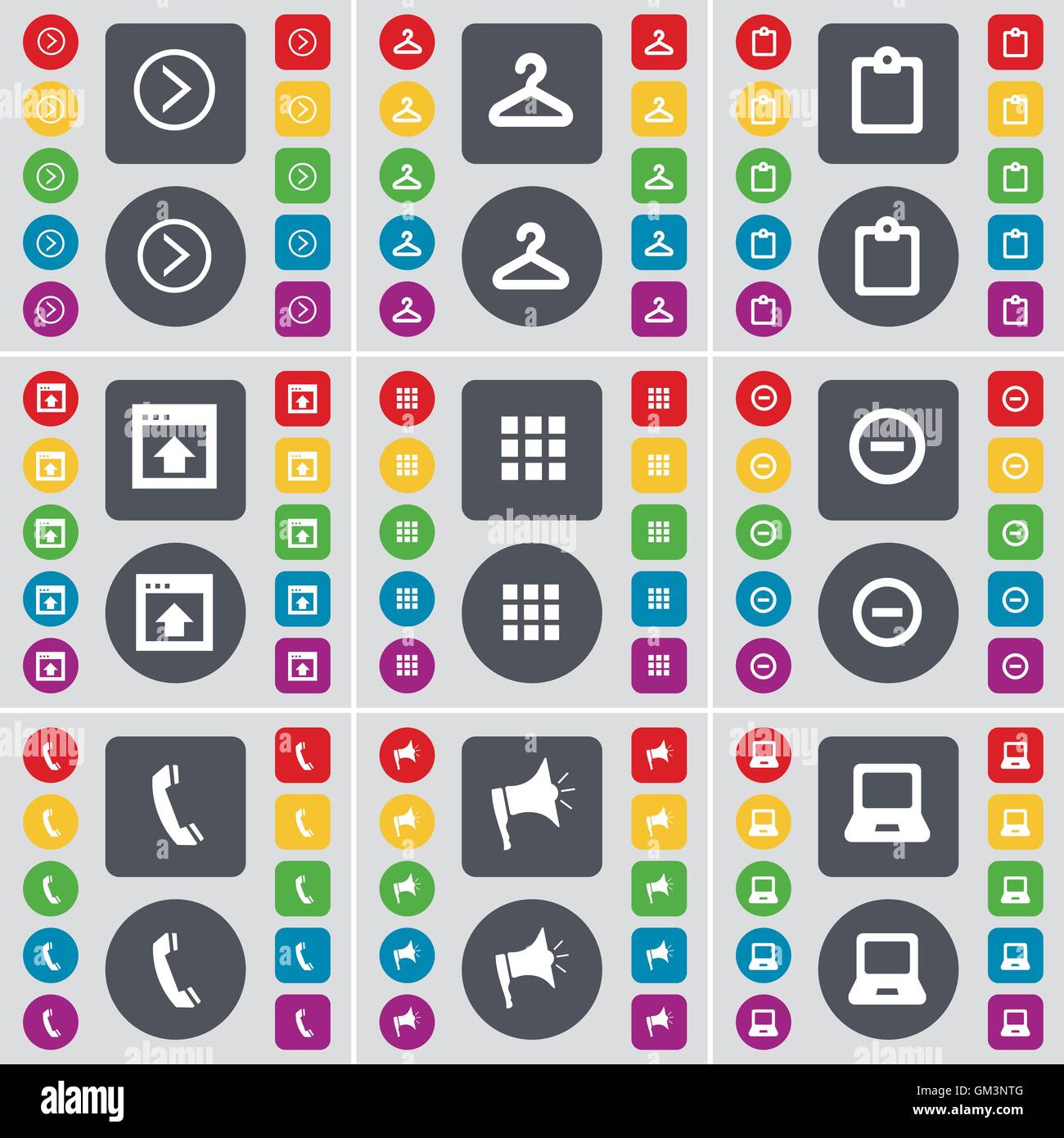 Freccia a destra, appendiabiti, indagine, finestra, app, meno, ricevitore megafono, Laptop icona simbolo. Un grande insieme di Piana, pulsanti colorati Illustrazione Vettoriale