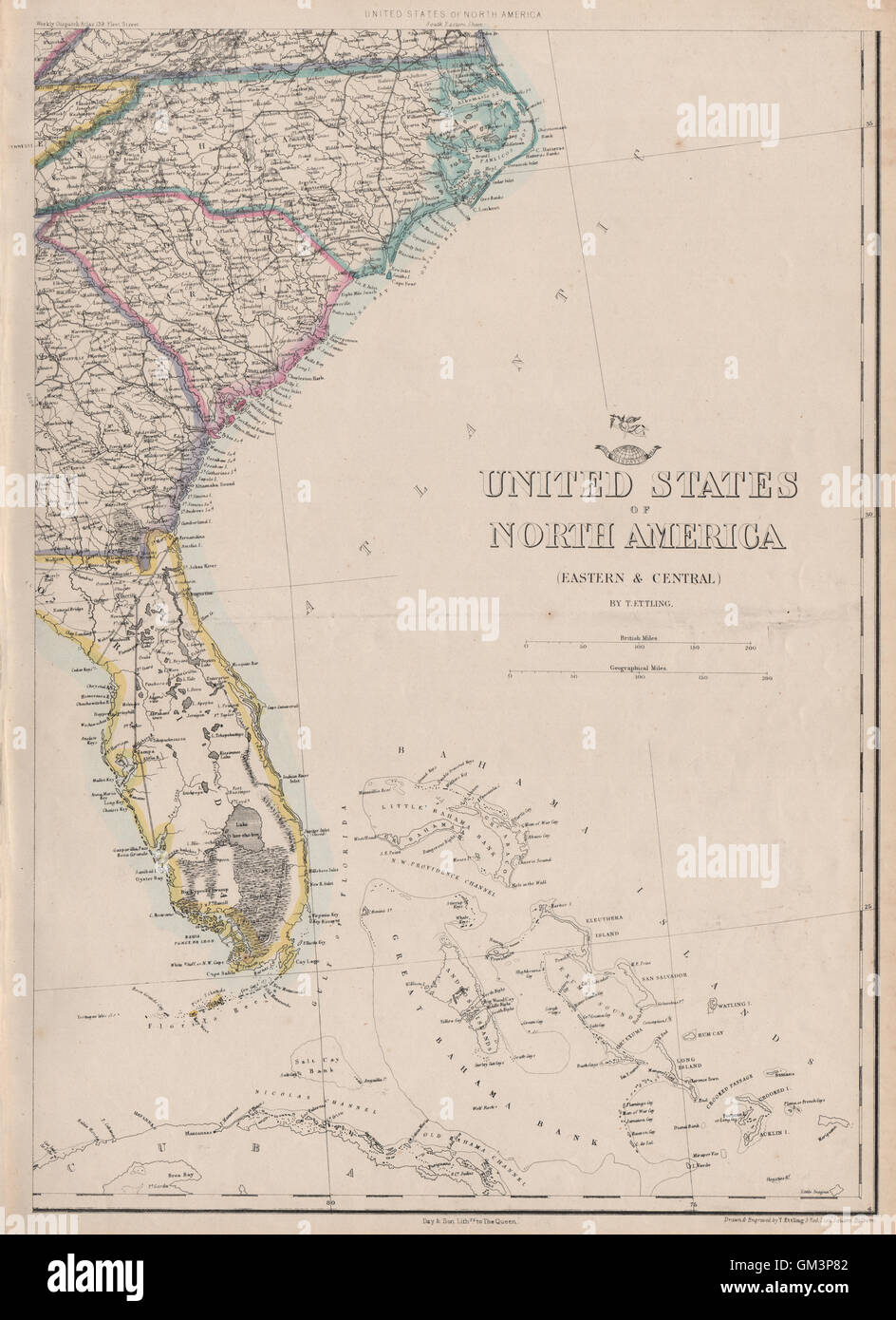 Stati Uniti d'AMERICA SUD EST. Florida Georgia Carolina coast Bahamas. ETTLING, 1863 mappa vecchia Foto Stock
