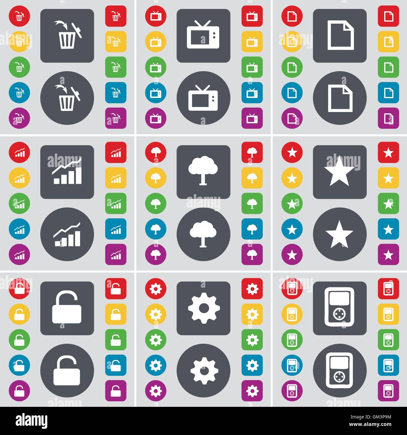 Cestino, TV retrò, file grafico, albero, Star, bloccare, ingranaggio, Player icona simbolo. Un grande insieme di Piana, pulsanti colorati per il vostro design. Vettore Illustrazione Vettoriale