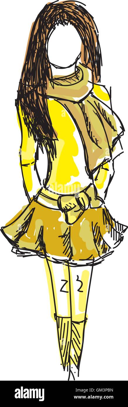 Colorato disegnato giovane ragazza in abiti di colore giallo Illustrazione Vettoriale