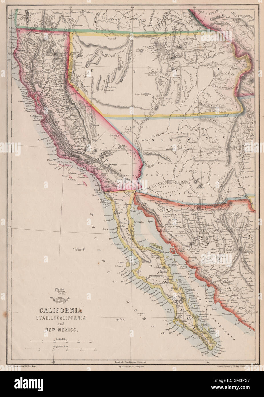 /BAJA CALIFORNIA, Utah & NUOVI TERRITORI DEL MESSICO. Pre-Nevada. ETTLING, 1863 Mappa Foto Stock