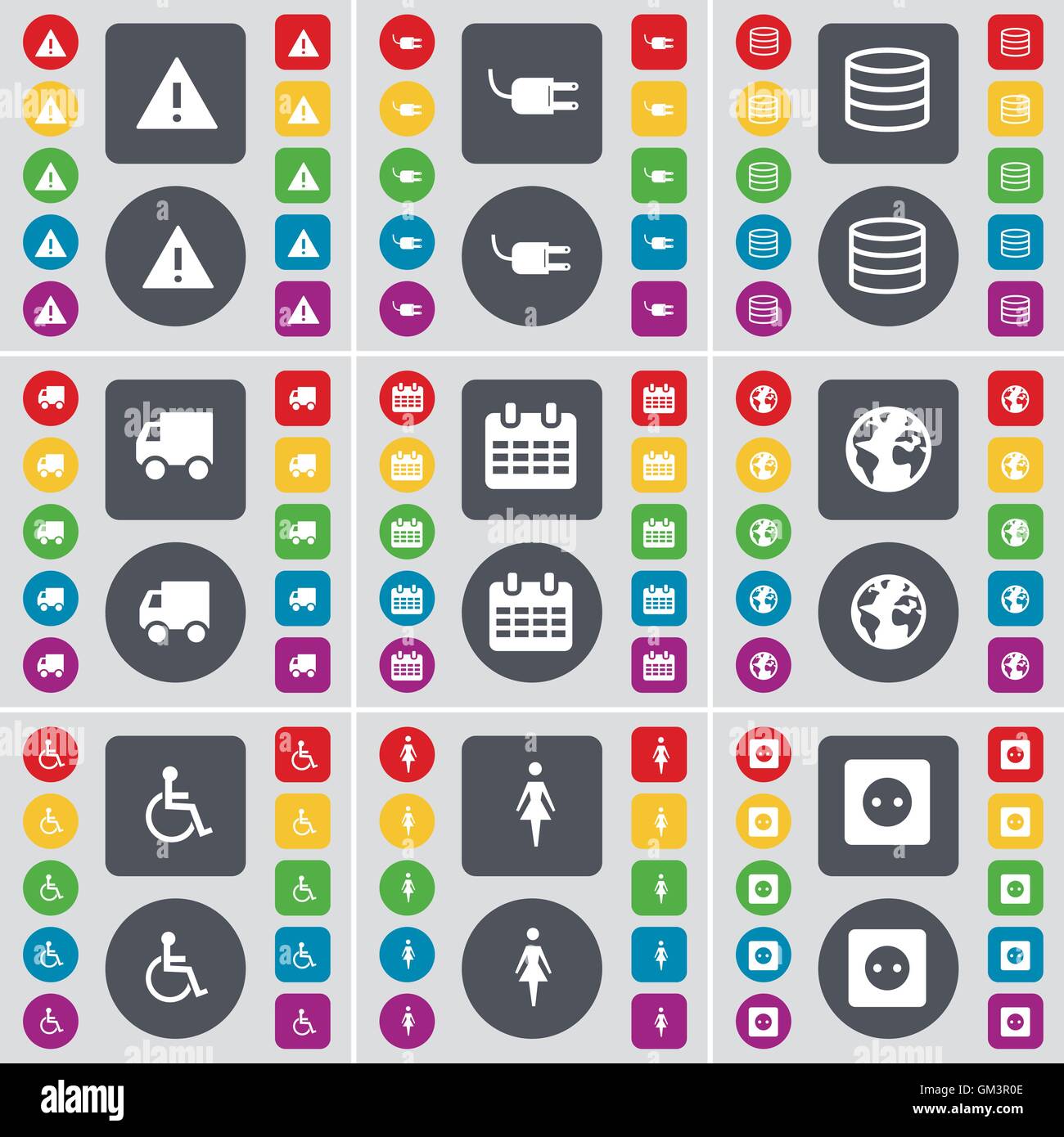 Avvertenza, socket, database, carrello, Calendario, Terra, disabile, Silhouette, Socket icona simbolo. Un grande insieme di Piana, pulsanti colorati per il vostro design. Vettore Illustrazione Vettoriale