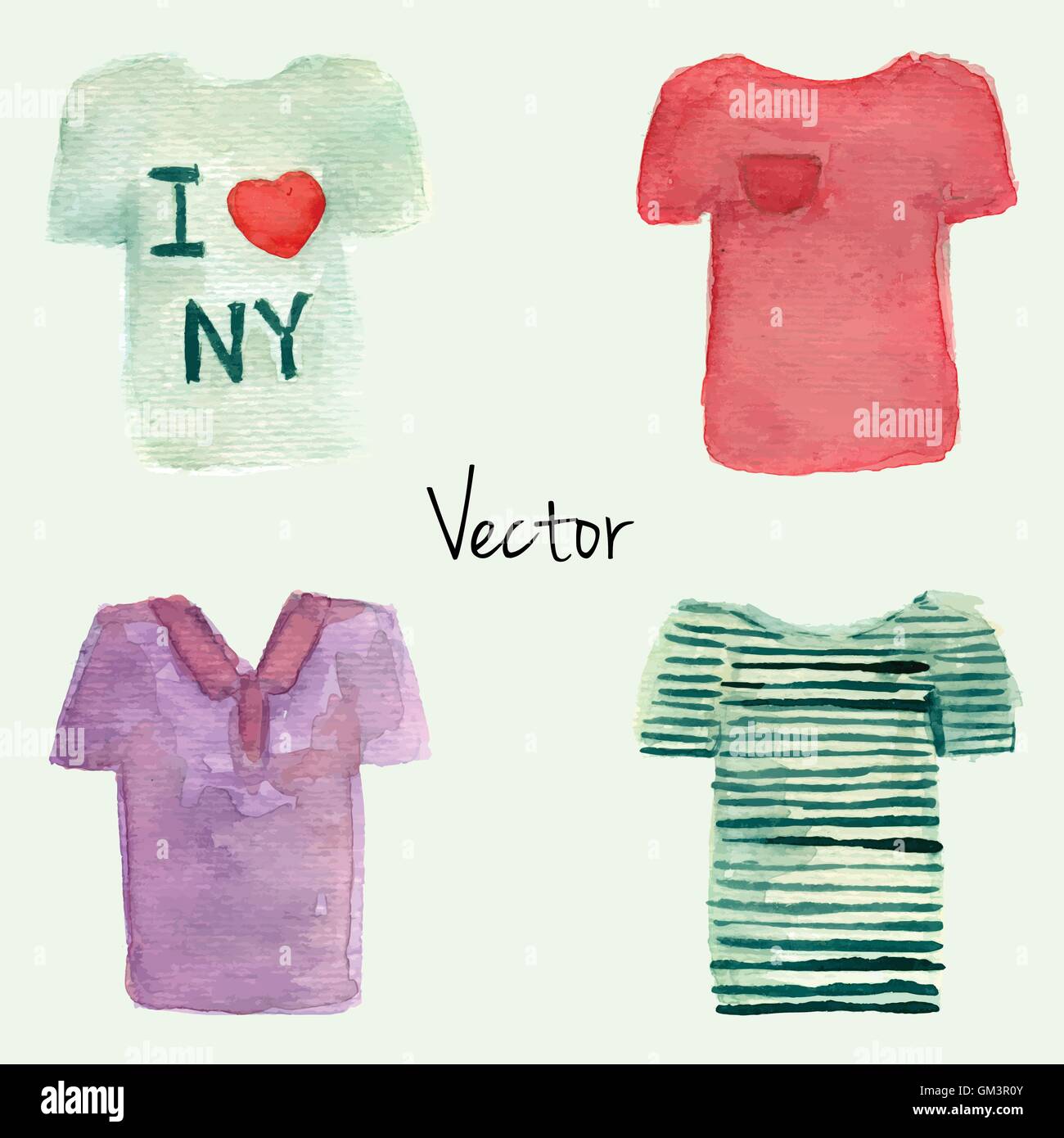 Dipinti ad acquerello T-shirt set. Illustrazione Vettoriale. Bianco, rosso, viola polo a righe e t-shirt illustrazione Illustrazione Vettoriale