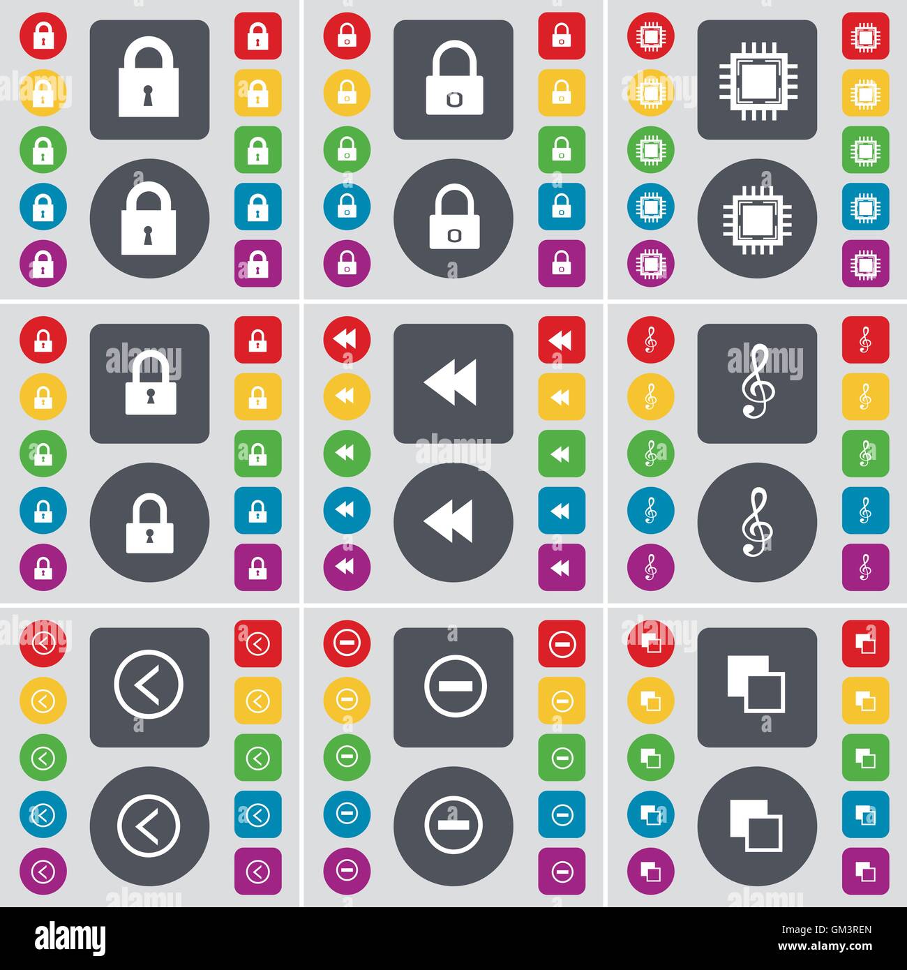 Serratura, processore, riavvolgere, Clef, Freccia sinistra, meno, Copia icona simbolo. Un grande insieme di Piana, pulsanti colorati per il vostro design. Vettore Illustrazione Vettoriale