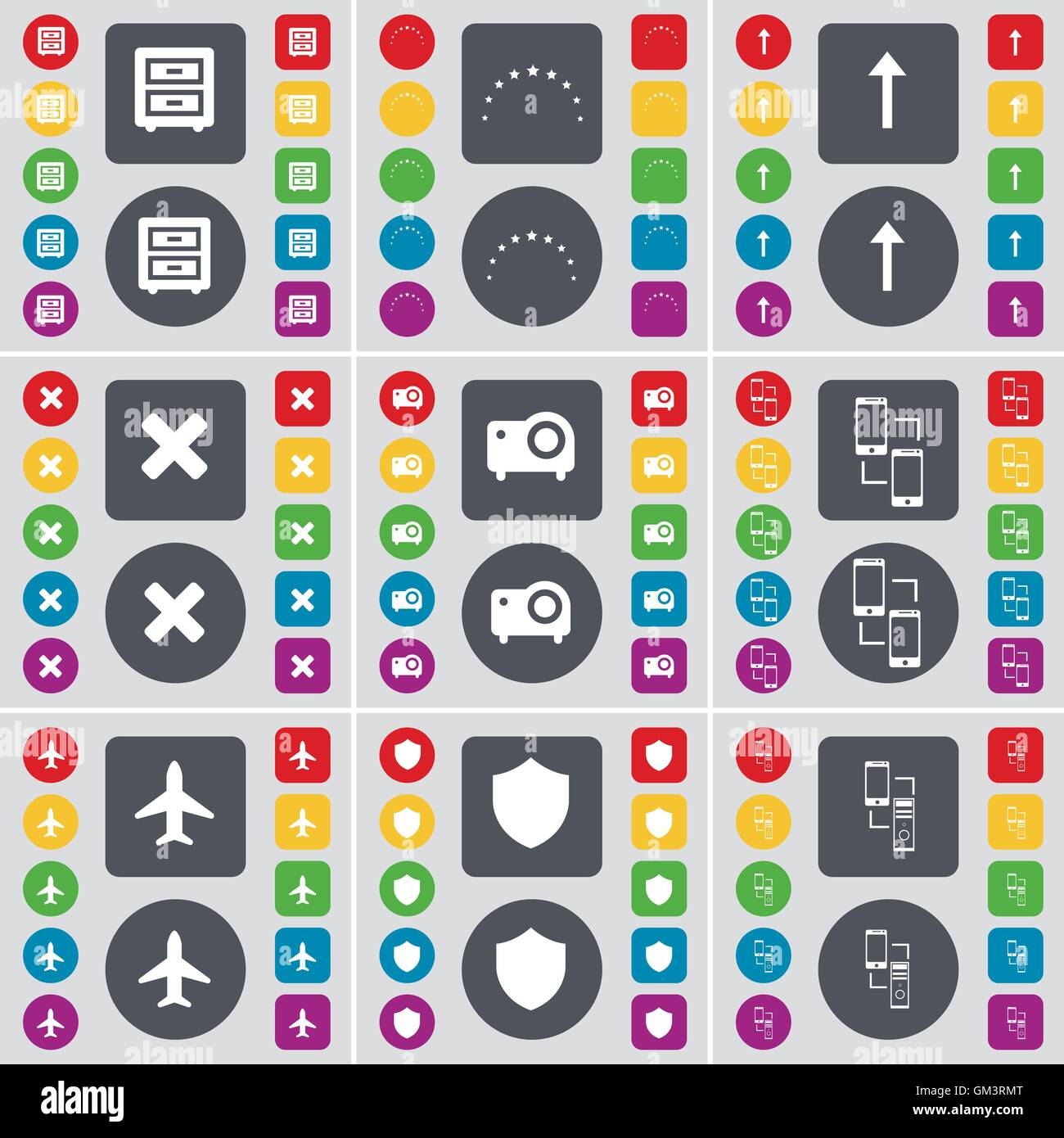 Bed-table, stelle, Freccia su, Stop, proiettore, collegamento, aereo, Badge icona simbolo. Un grande insieme di Piana, pulsanti colorati per il vostro design. Vettore Illustrazione Vettoriale