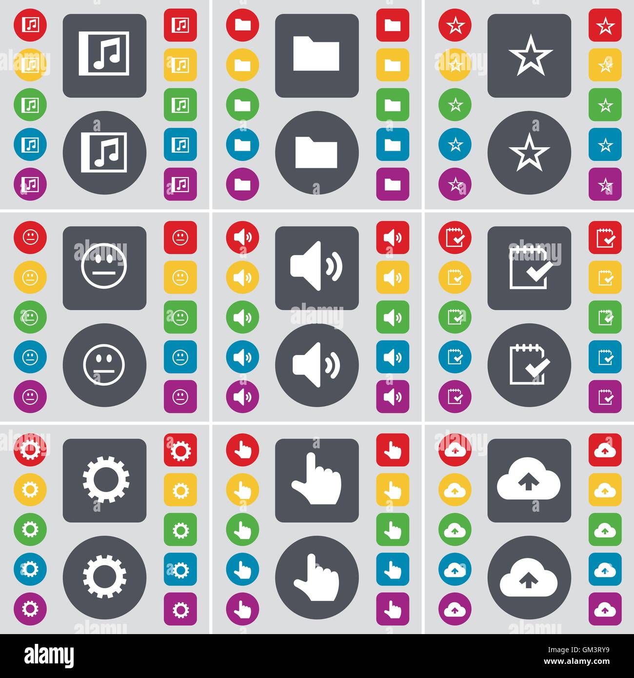 Finestra Musica, cartella, stella, sorriso, suono, indagine, ingranaggio, mano, Cloud icona simbolo. Un grande insieme di Piana, pulsanti colorati per il vostro d Illustrazione Vettoriale
