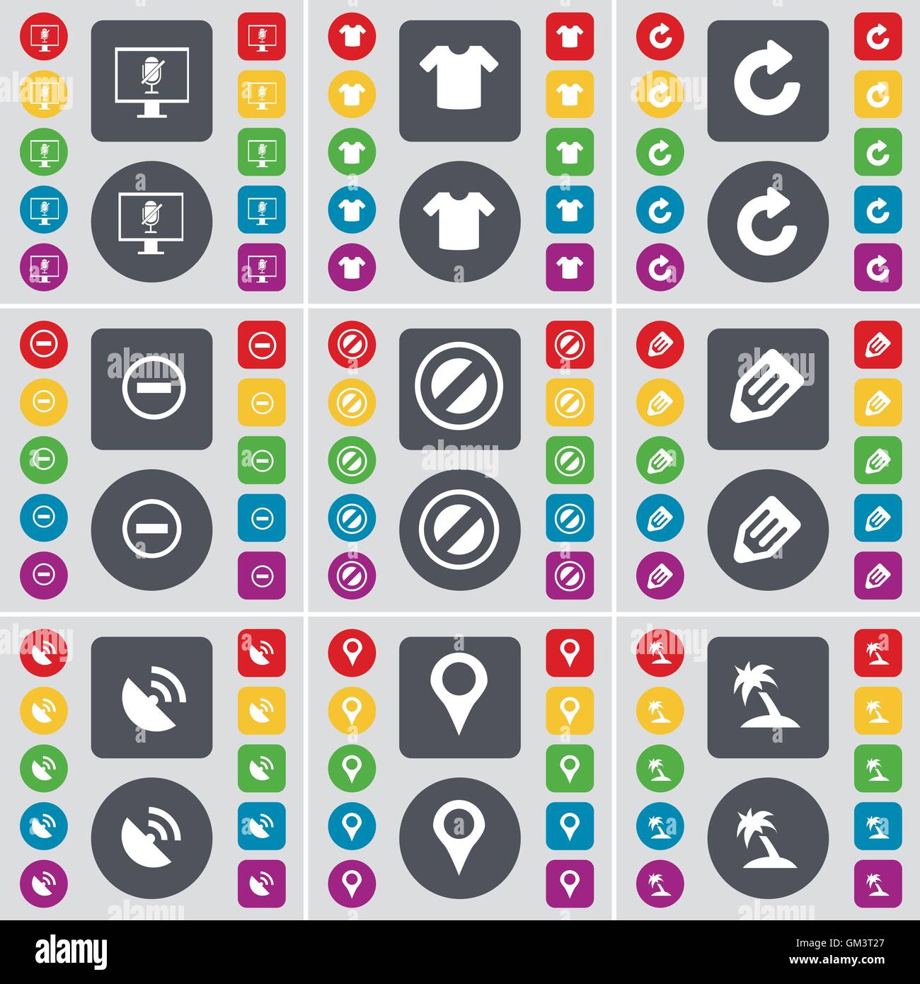 Monitor, T-Shirt, ricaricare, meno, Stop, matita, antenna parabolica, Checkpoint, Palm icona simbolo. Un grande insieme di Piana, pulsante colorato Illustrazione Vettoriale