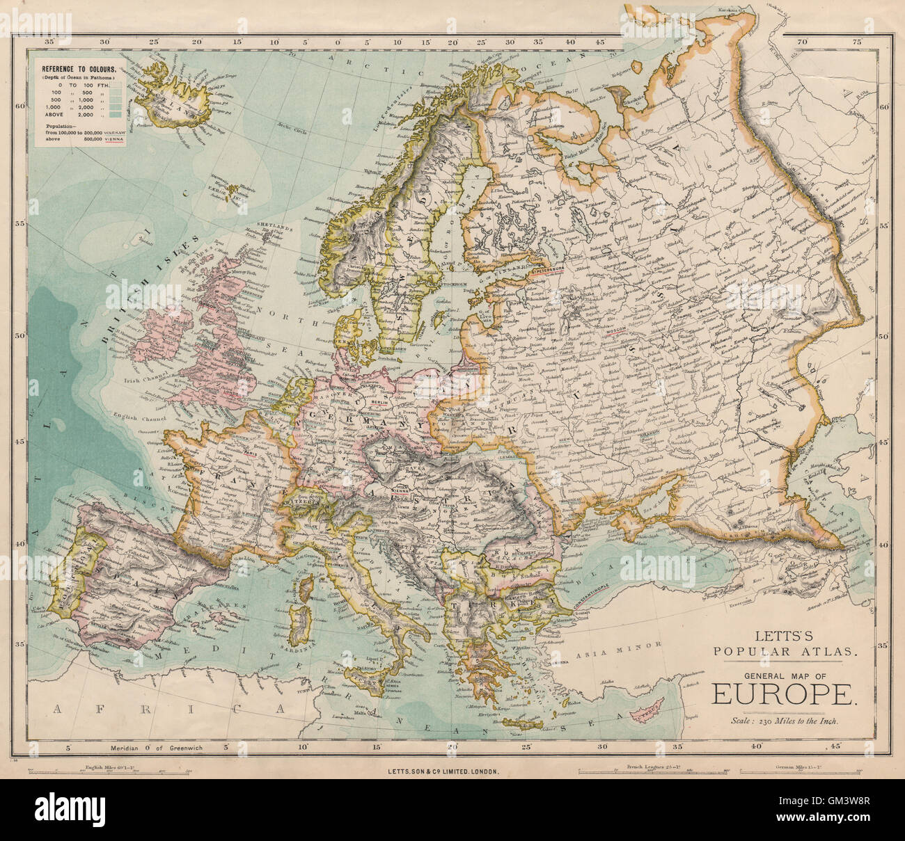 Europa mappa politica. Germania. L'Austria-Ungheria. LETTS 1889 Foto Stock