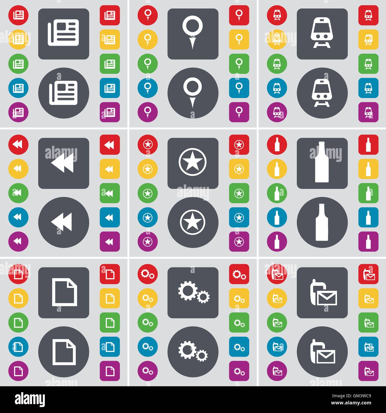 Giornale, Checkpoint, Treno, Rewind, stella, bottiglia, File, ingranaggio, SMS icona simbolo. Un grande insieme di Piana, pulsanti colorati per il vostro design. Vettore Illustrazione Vettoriale