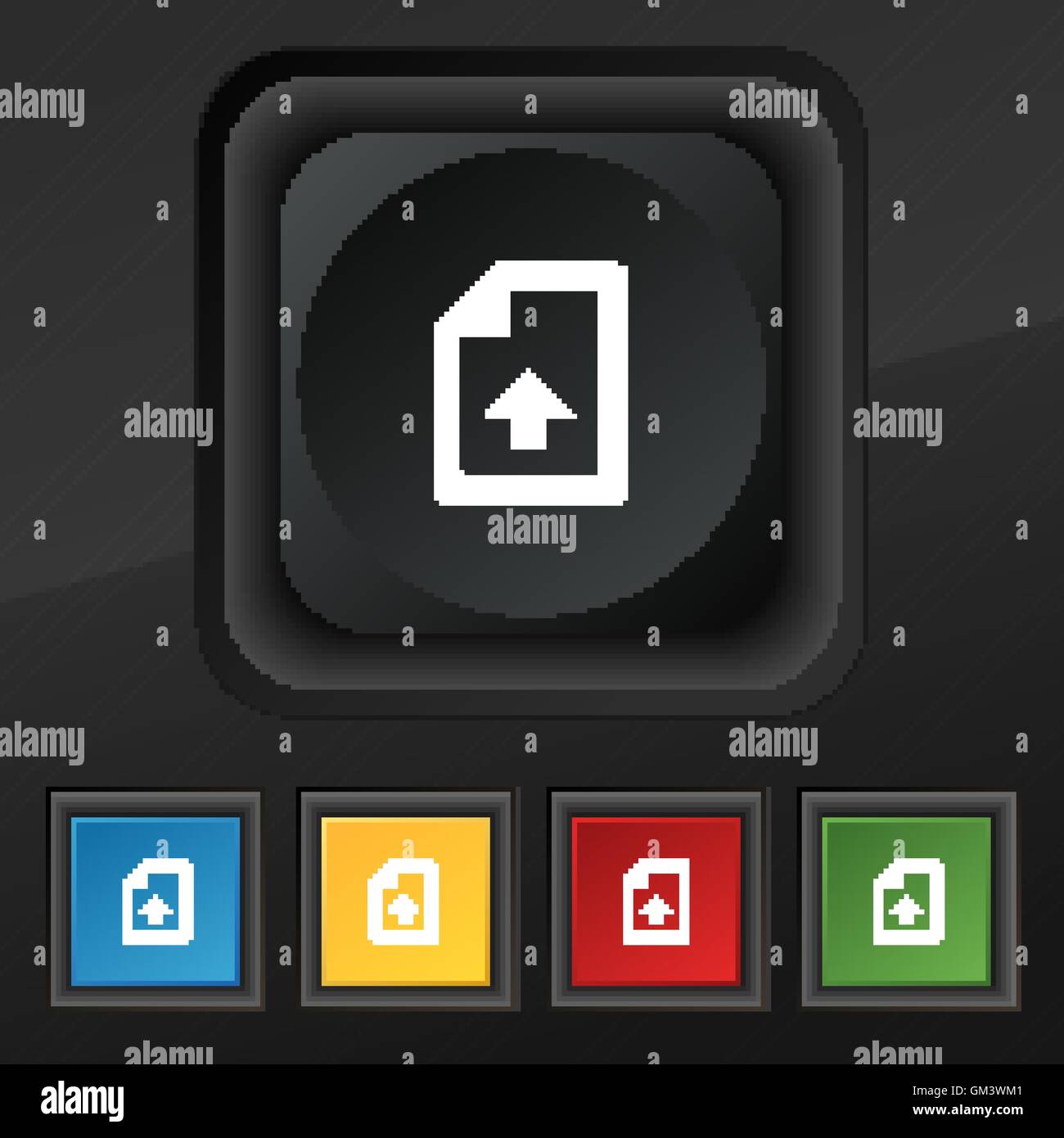 Esportazione, caricare il file icona simbolo. Set di cinque colorate, eleganti pulsanti sulla texture nera per il vostro design. Vettore Illustrazione Vettoriale