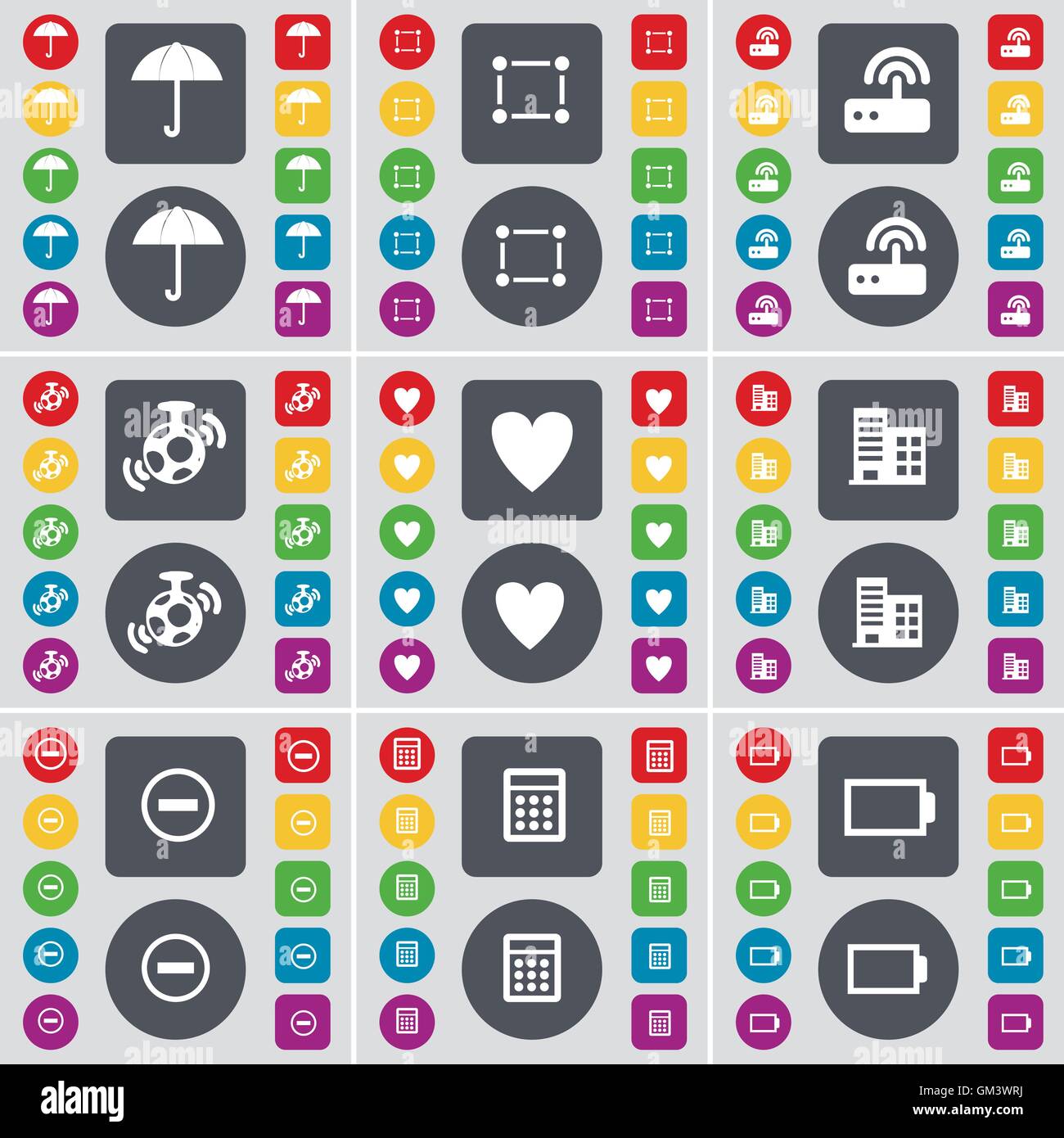 Ombrello, telaio, Router, altoparlante, cuore, edificio, meno, Calcolatrice, batteria icona simbolo. Un grande insieme di Piana, pulsanti colorati Illustrazione Vettoriale