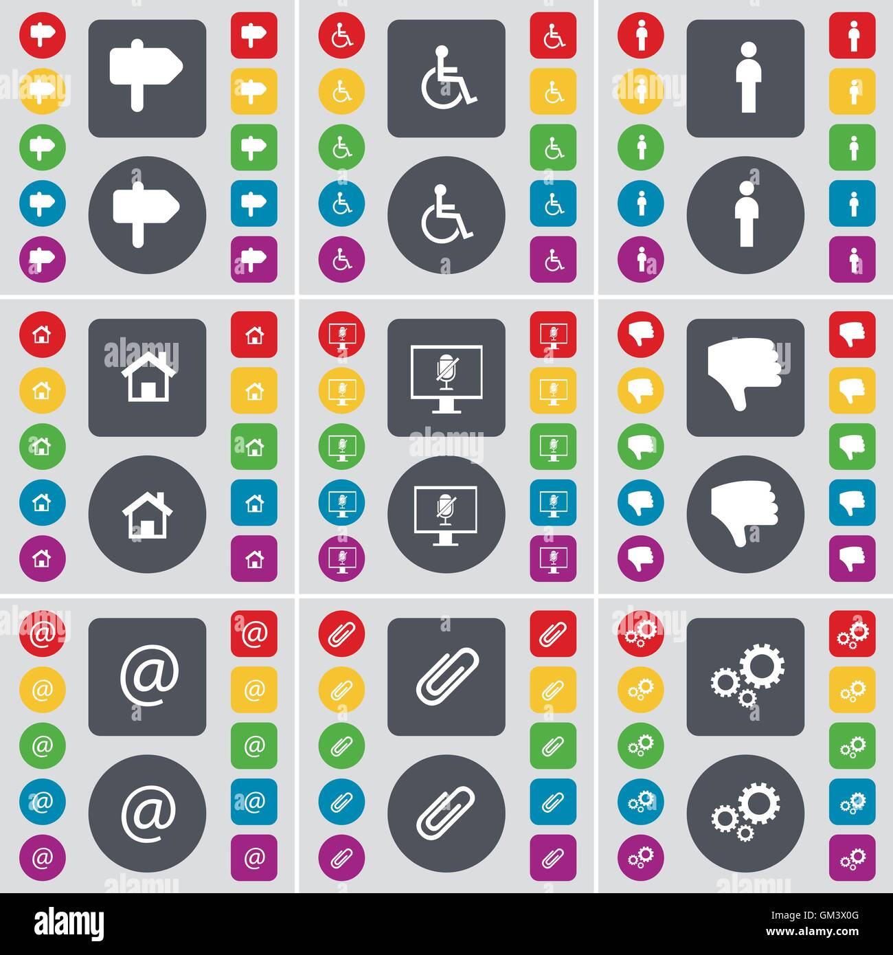 Cartello, disabile, Silhouette, House, Monitor, antipatia, Mail, Clip, icona a ingranaggio simbolo. Un grande insieme di Piana, butto colorati Illustrazione Vettoriale