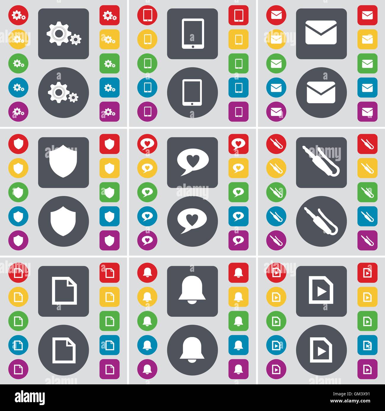 Ingranaggio, Tablet PC, messaggio, Badge, Chat bolla, collegare il microfono icona simbolo. Un grande insieme di Piana, pulsanti colorati per il vostro desi Illustrazione Vettoriale