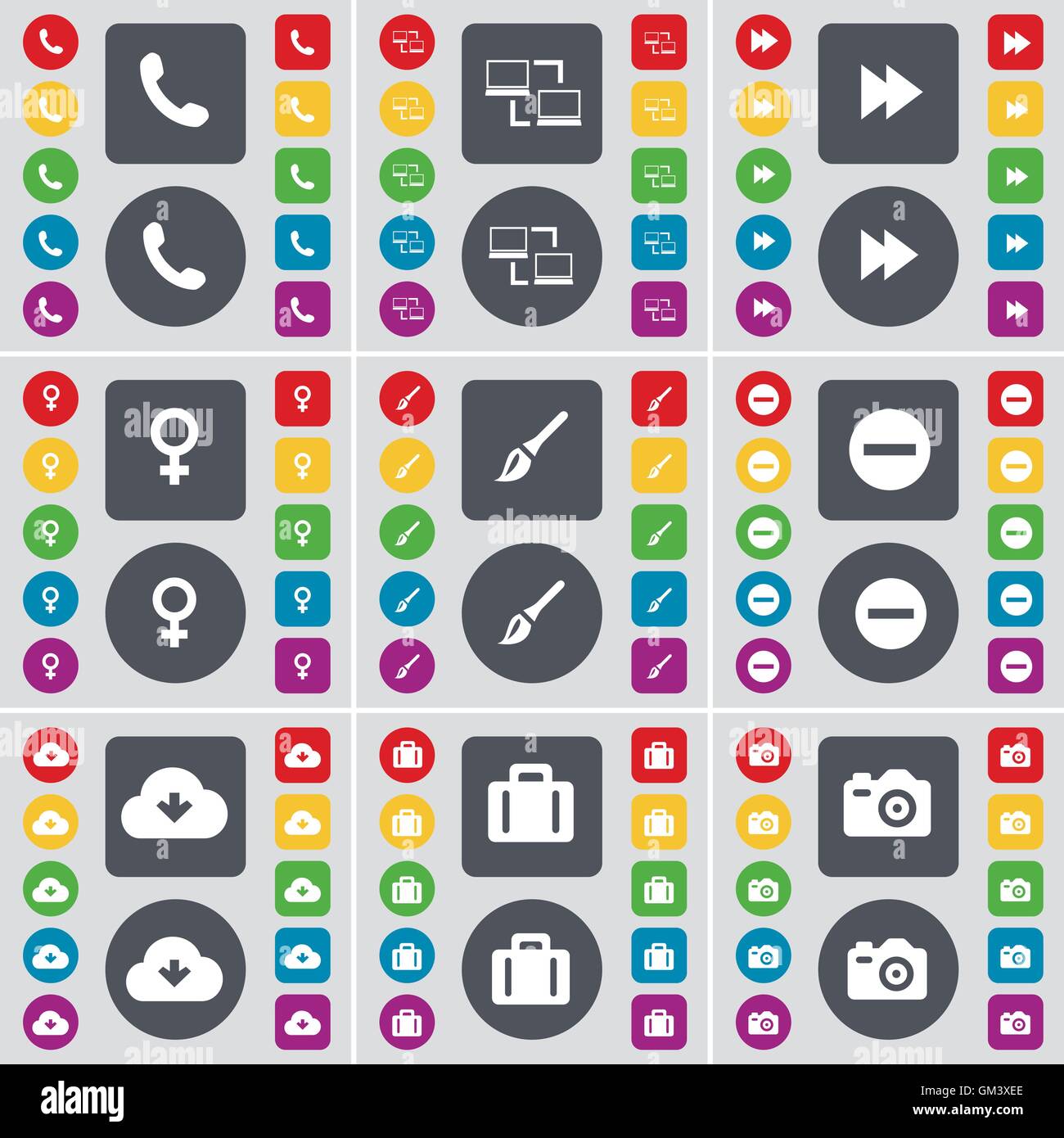 Ricevitore, di congiunzione, Rewind, simbolo di Venere, Pennello, meno, Cloud, valigia, fotocamera icona simbolo. Un grande insieme di Piana, butto colorati Illustrazione Vettoriale
