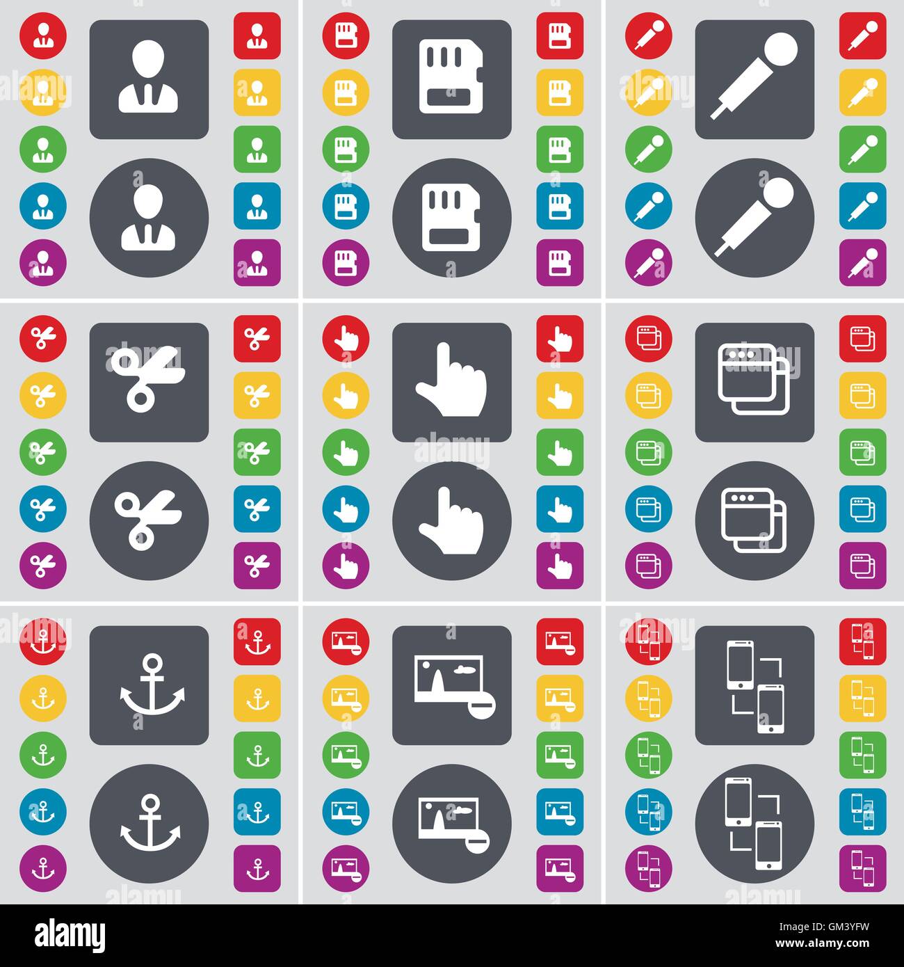 Avatar, scheda SIM, microfono, forbici, mano, finestra di ancoraggio, foto, Collegamento icona simbolo. Un grande insieme di Piana, pulsanti colorati per il vostro design. Vettore Illustrazione Vettoriale