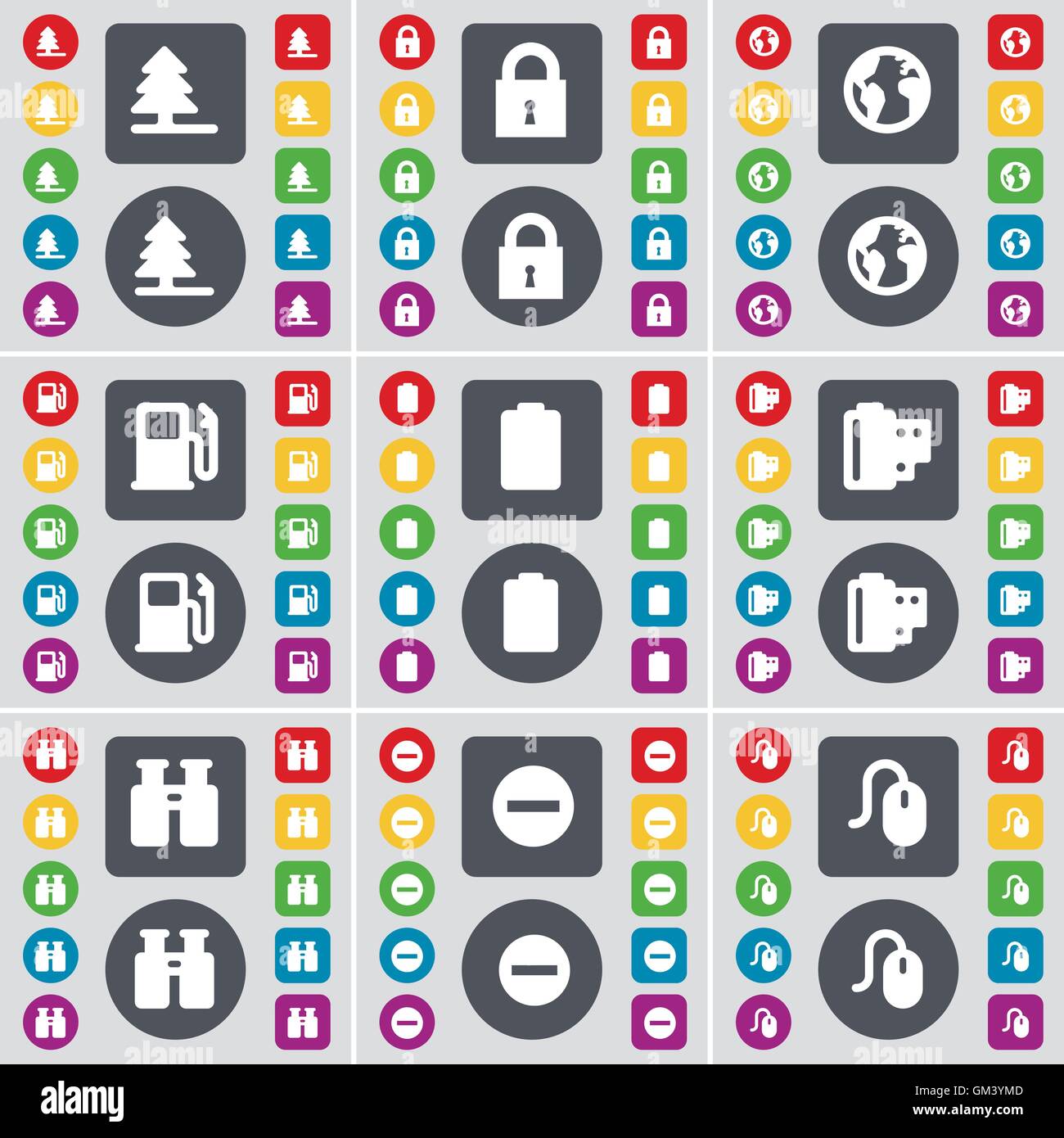 Abete, bloccare, Terra, Gas Station, batteria, pellicole negative, binocolo, meno, icona del mouse simbolo. Un grande insieme di Piana, pulsanti colorati per il vostro design. Vettore Illustrazione Vettoriale