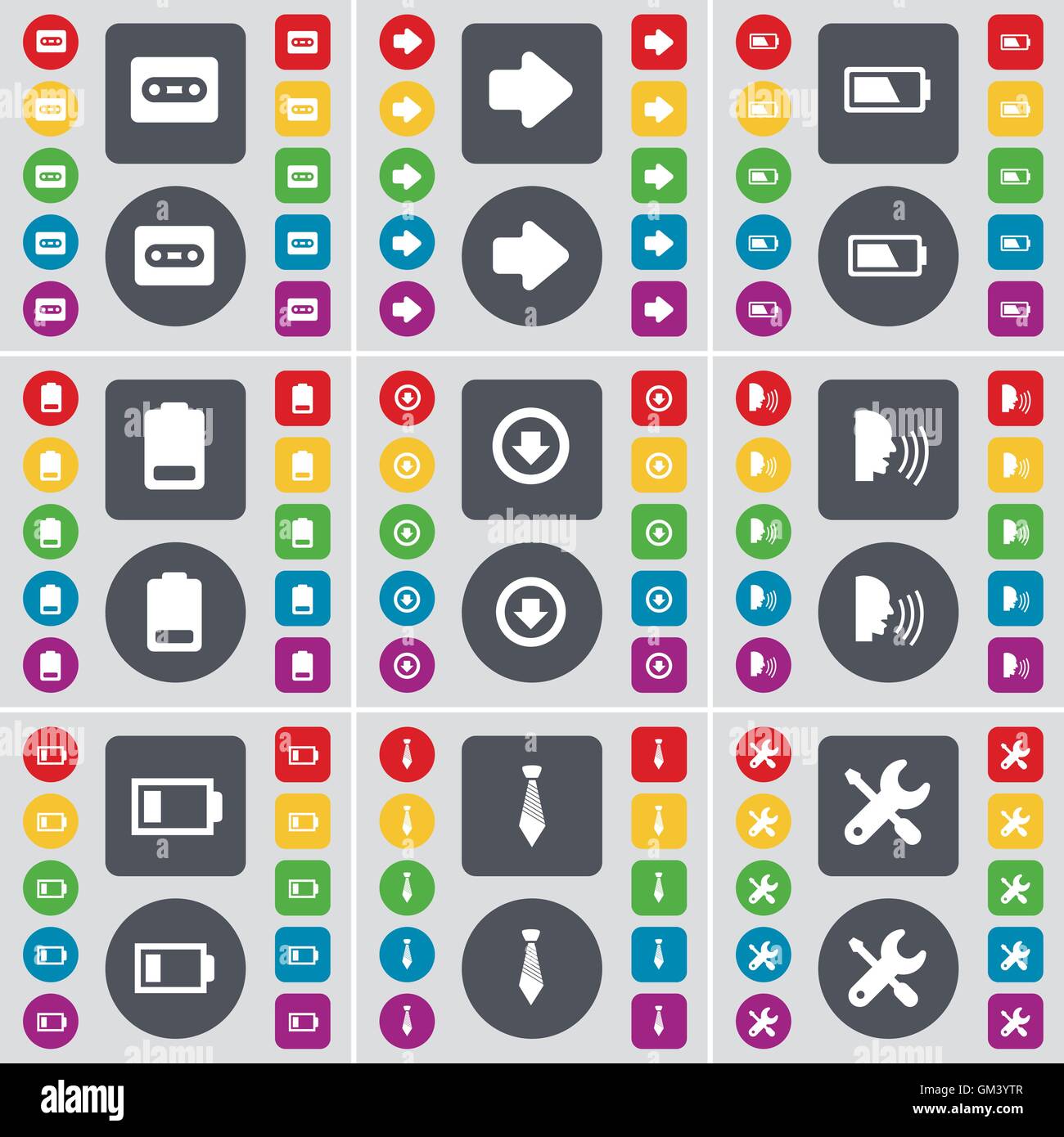 Cassetta, Freccia a destra, Batteria, Freccia giù, parlare, Tie, icona a forma di chiave inglese simbolo. Un grande insieme di Piana, pulsanti colorati per il vostro design. Vettore Illustrazione Vettoriale