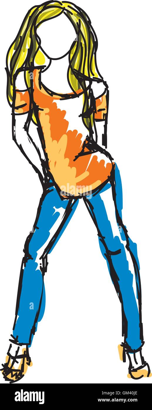 Colorato disegnato giovane ragazza in camicetta e jeans Illustrazione Vettoriale